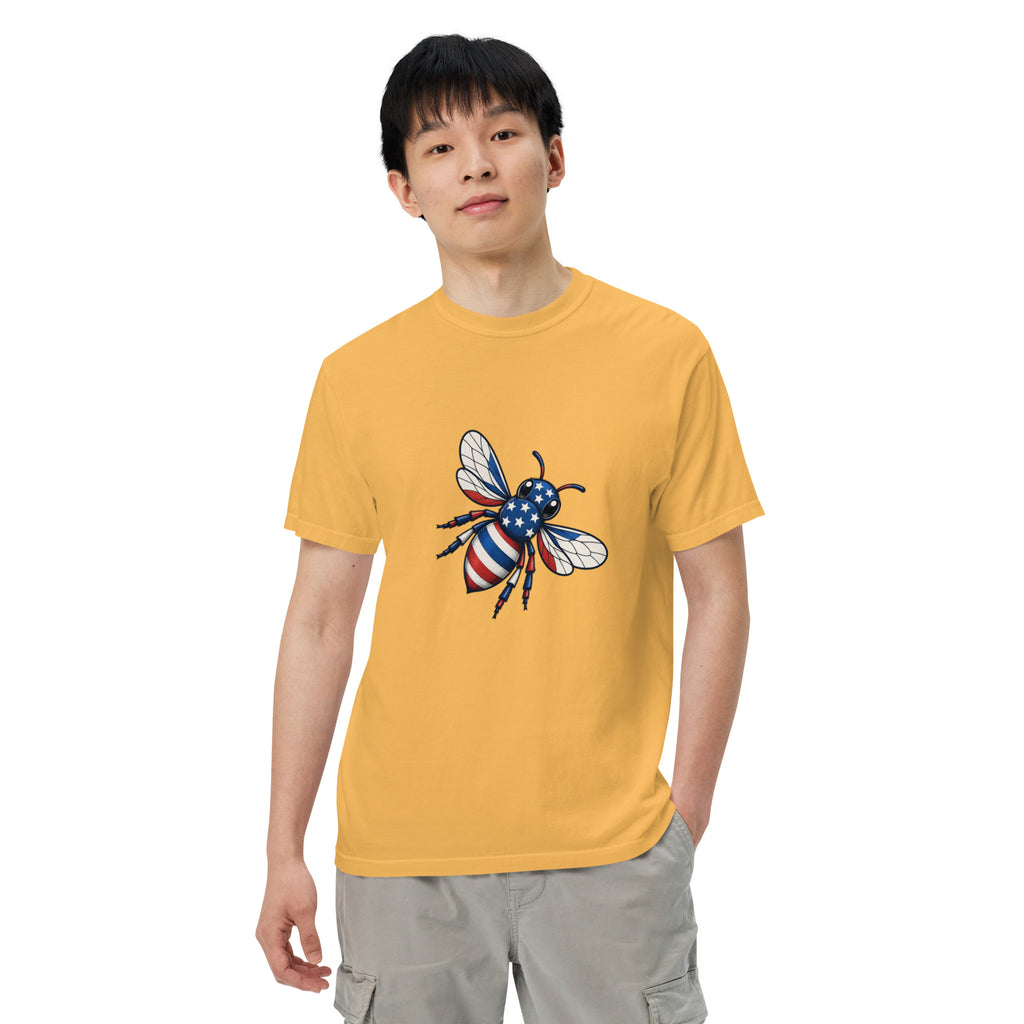 Unisex heavyweight t-shirt, mustard gold, chest graphic bee with striped wings