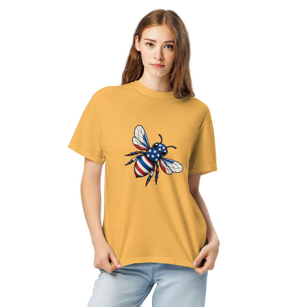 Mustard yellow unisex heavy T-shirt with crew neck and bee graphic on chest