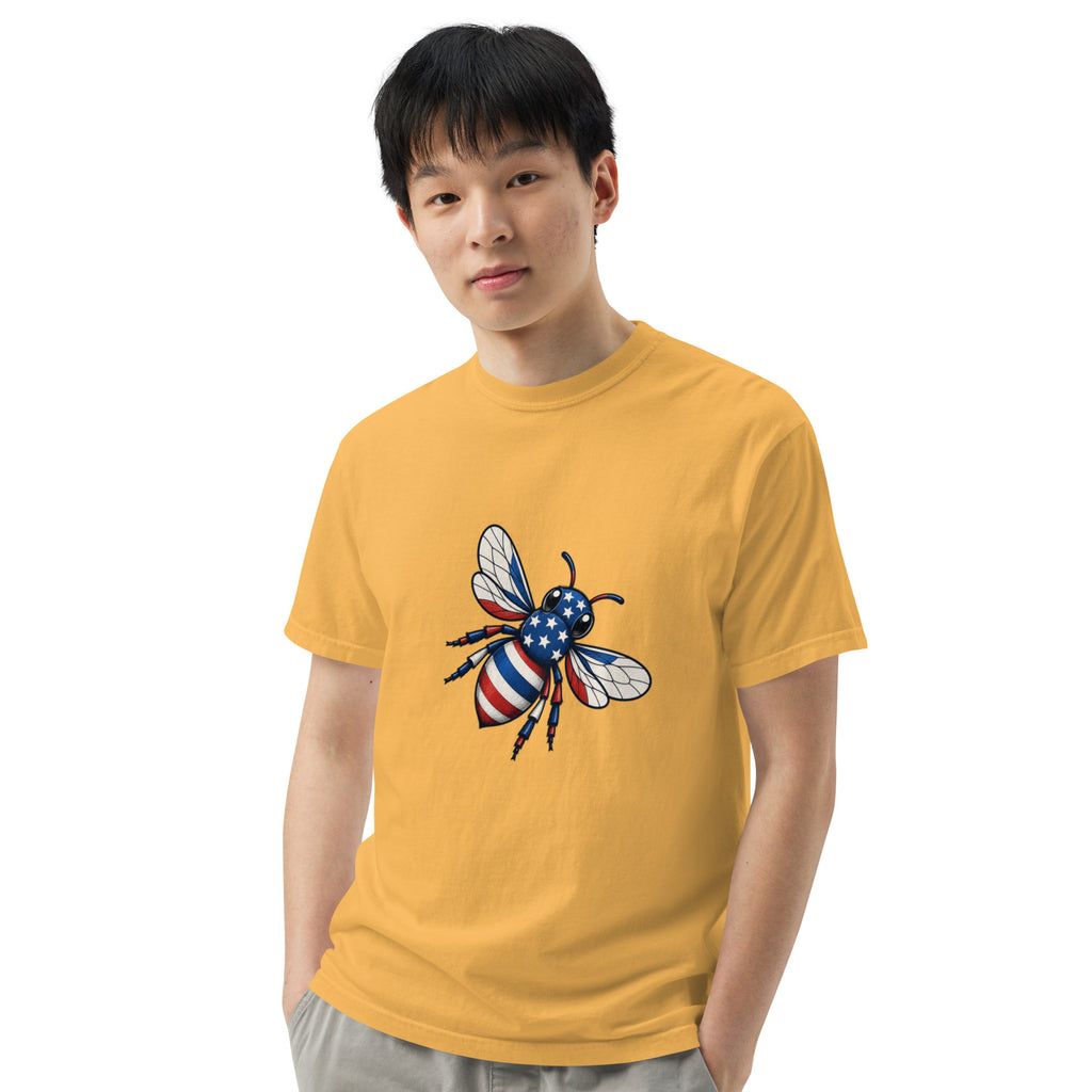 Unisex heavyweight T-shirt, mustard yellow front view with blue-red bee graphic