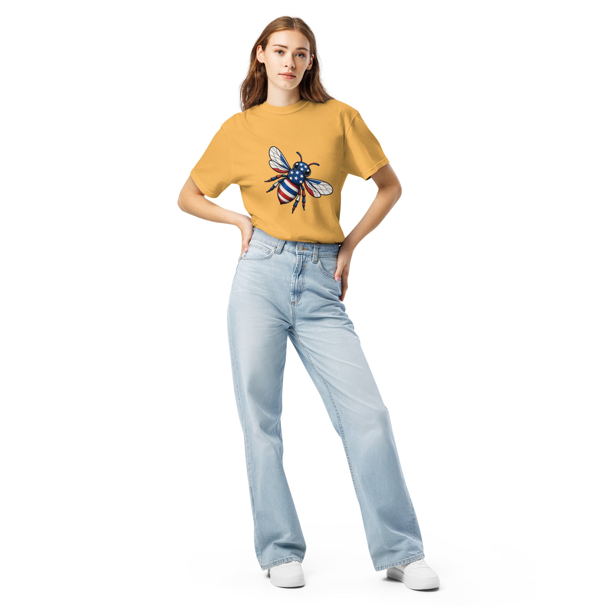 Unisex heavyweight t-shirt, mustard yellow, with colorful bee chest graphic