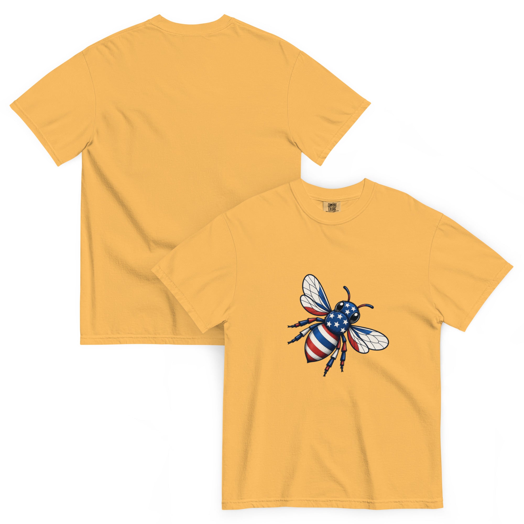 Heavyweight unisex T-shirt in golden yellow with large American bee graphic on front