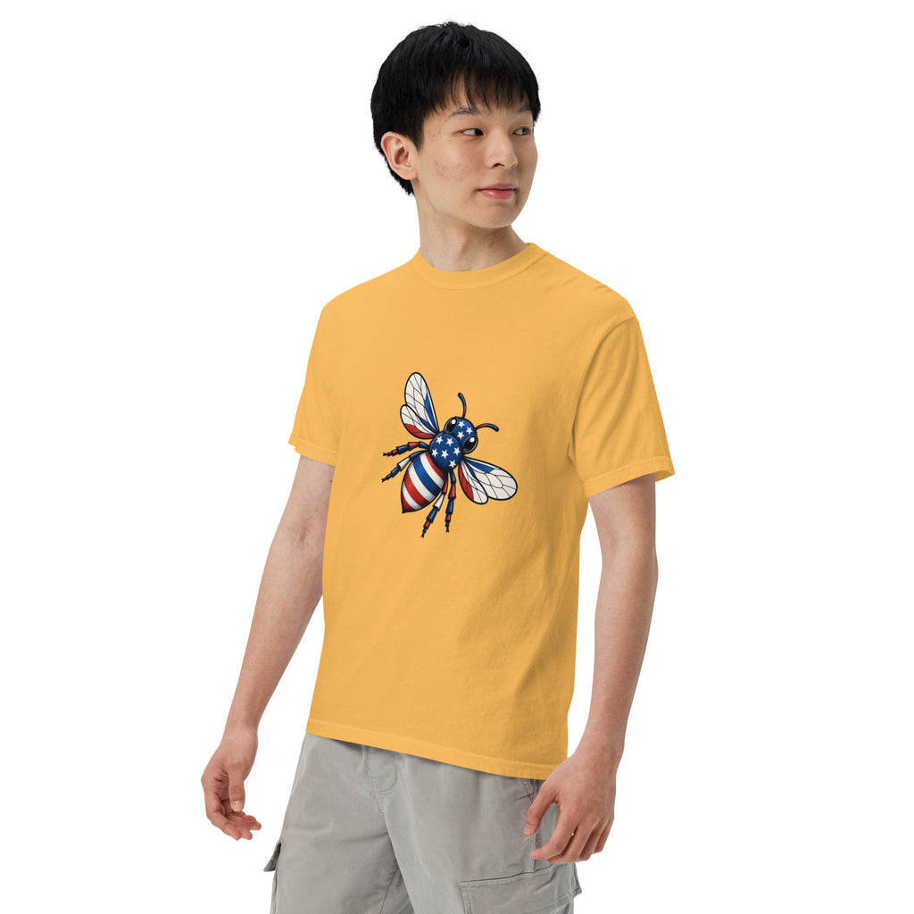 Mustard yellow unisex heavyweight T-shirt with front bee graphic and crew neck