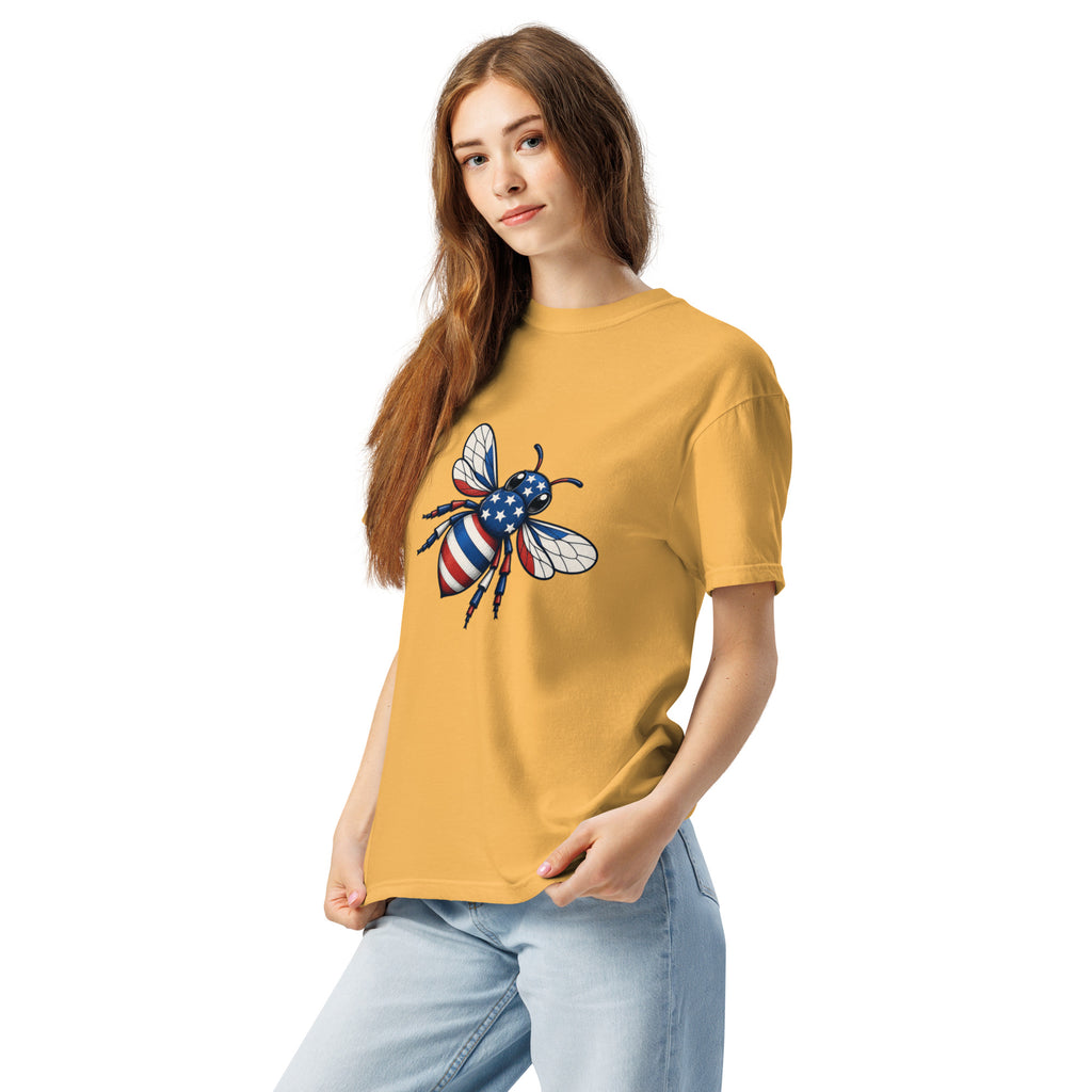 Unisex heavyweight T-shirt in mustard with bee graphic on the chest