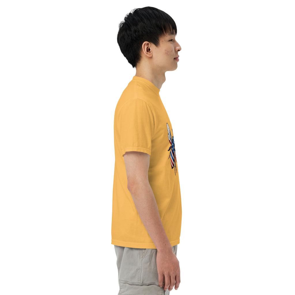 Unisex heavyweight t-shirt in mustard yellow with chest graphic print
