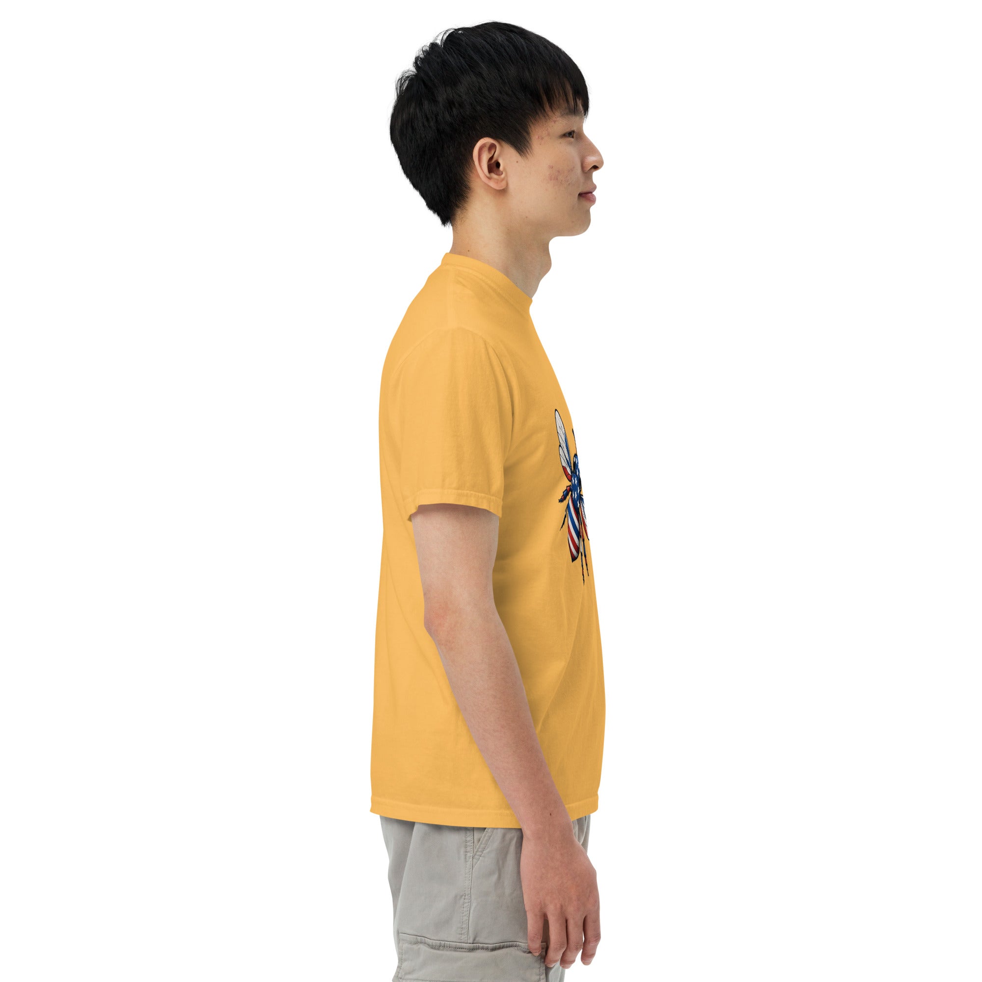 Unisex heavyweight t-shirt in mustard yellow with chest graphic print