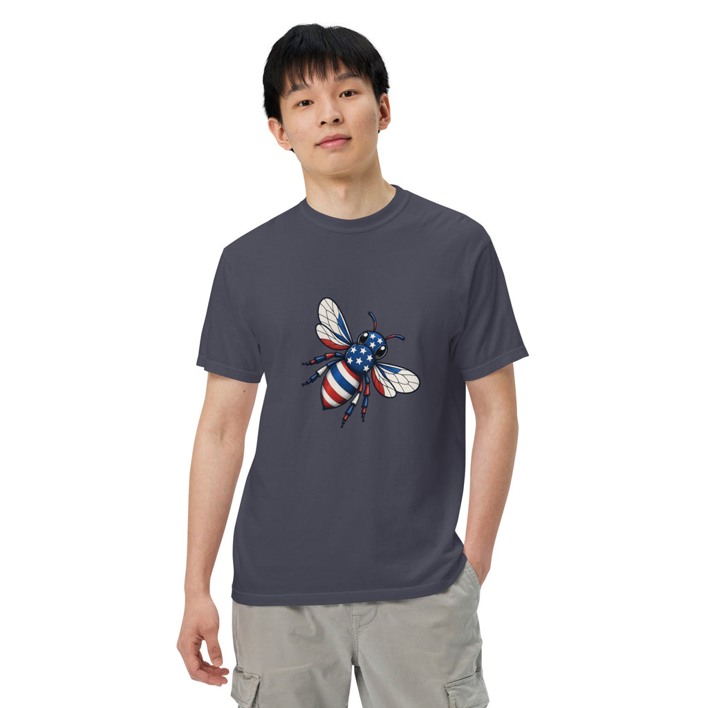 Dark gray unisex heavyweight T-shirt with colorful bee graphic on chest