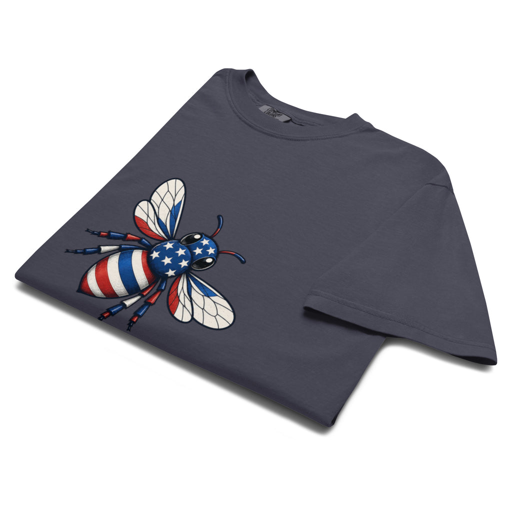 Heavyweight unisex T-shirt in dark navy with large American bee graphic on front