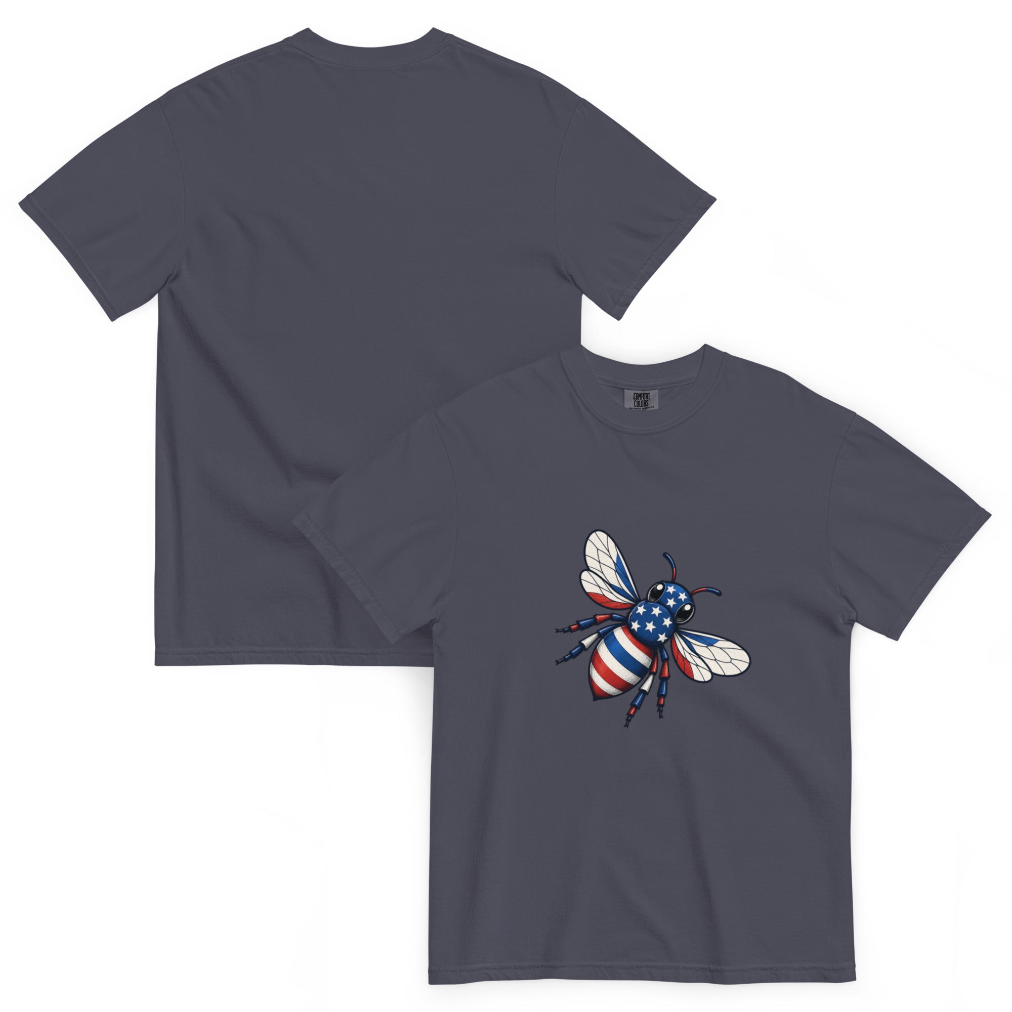 Unisex heavyweight T-shirt, navy, crew neck, bee graphic on chest.
