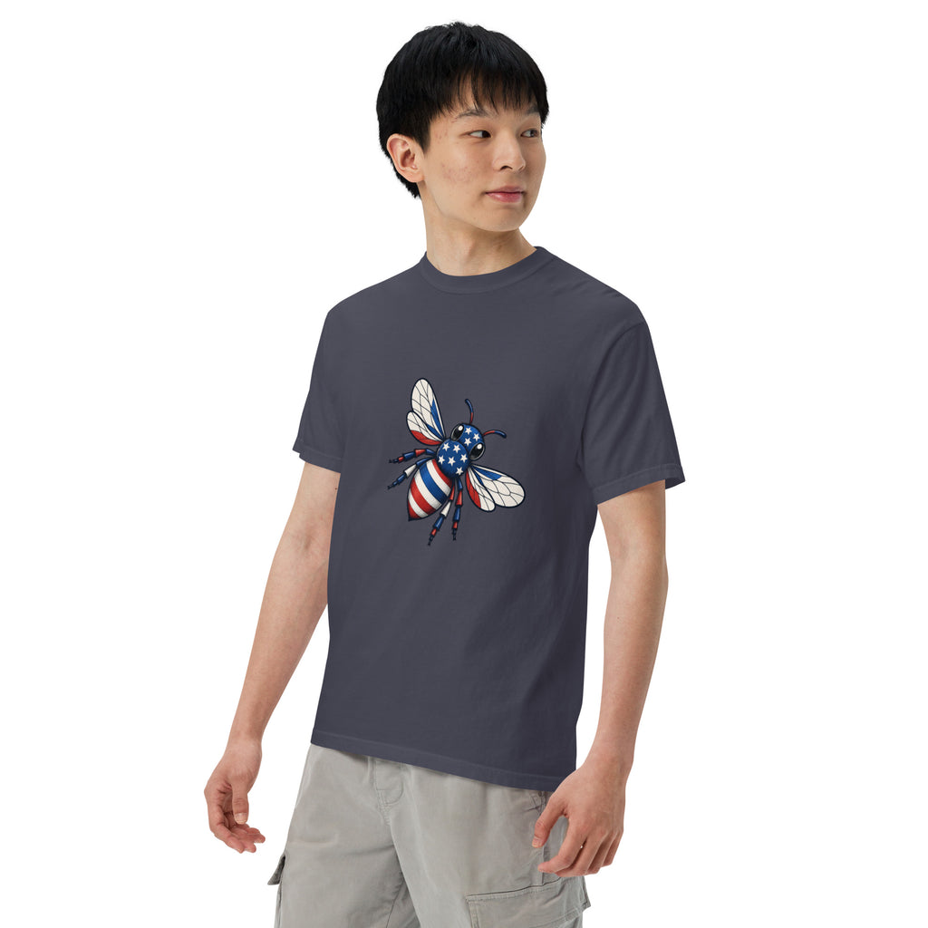 Dark gray heavyweight unisex crew-neck T-shirt with colorful bee graphic on chest.