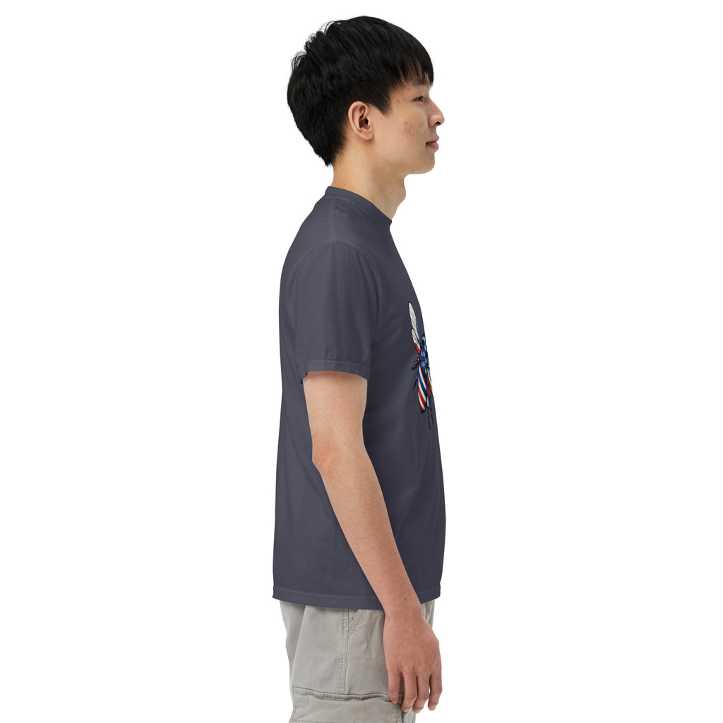 Unisex heavyweight T-shirt, navy side view with crew neck and short sleeves