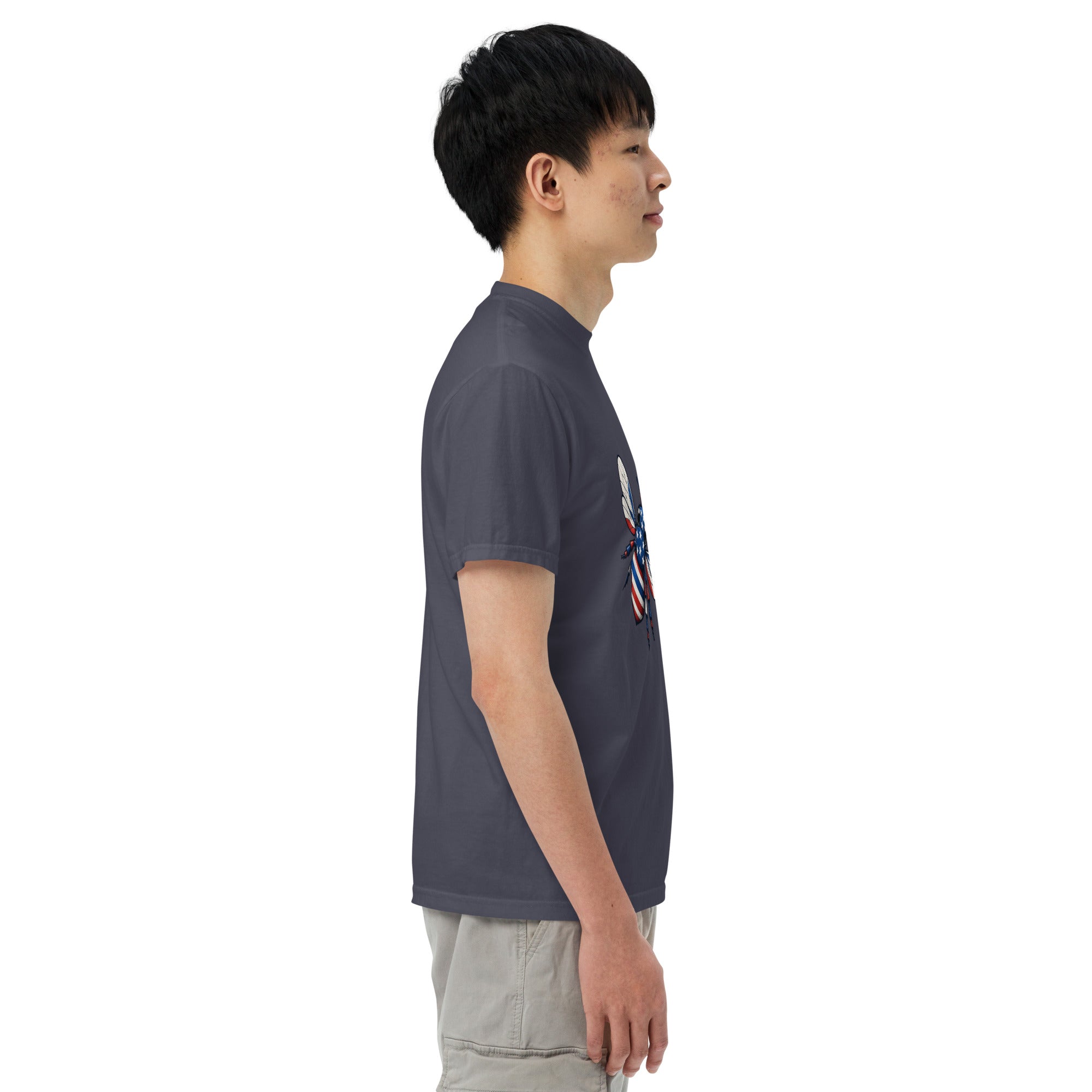 Unisex heavyweight T-shirt, navy side view with crew neck and short sleeves