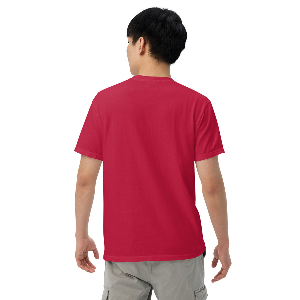 Unisex heavyweight T-shirt, red, short-sleeve crew neck, back view