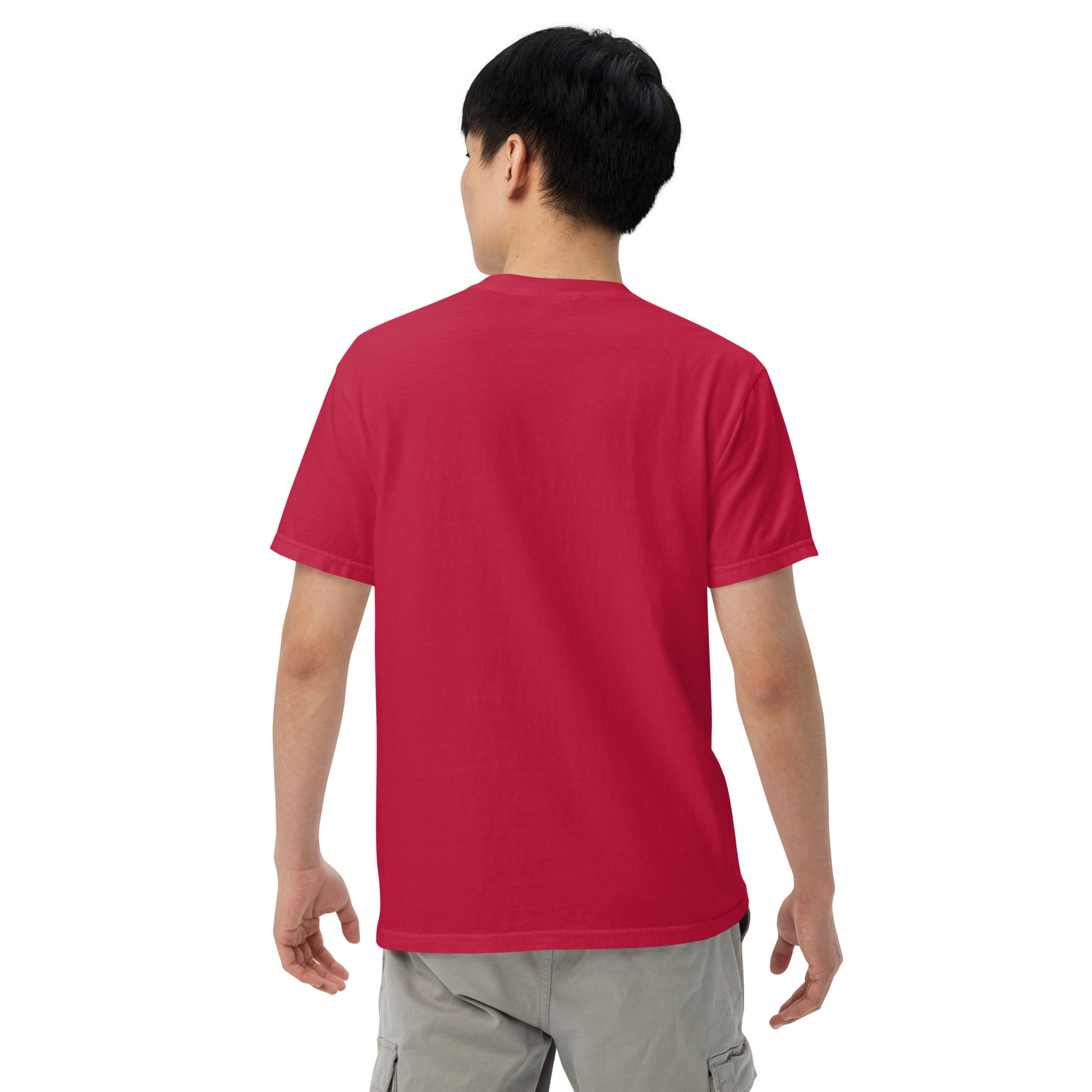 Unisex heavyweight T-shirt, red, short-sleeve crew neck, back view