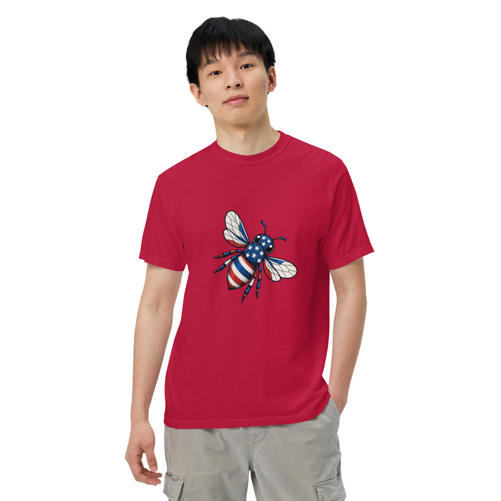 Red unisex heavyweight T-shirt with colorful bee graphic on chest