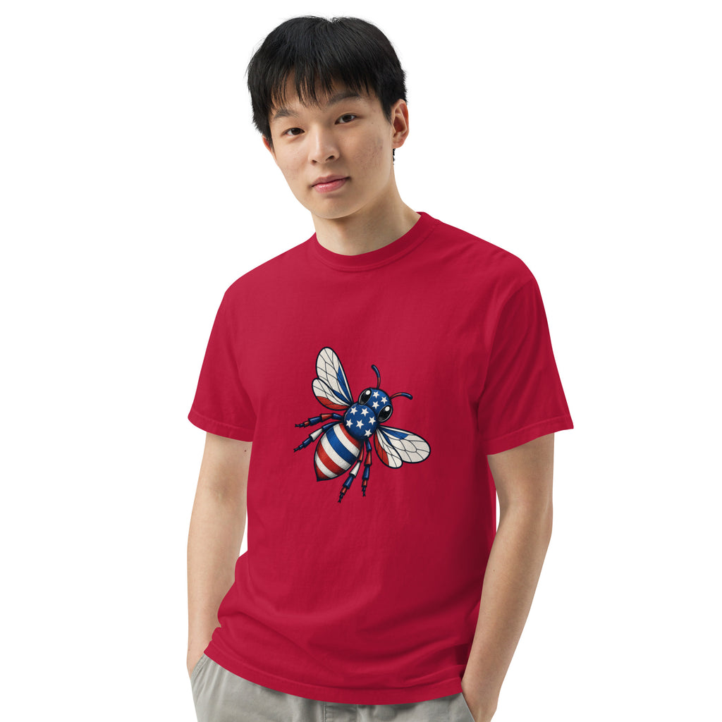 Unisex heavyweight t-shirt, red, chest graphic bee with striped wings