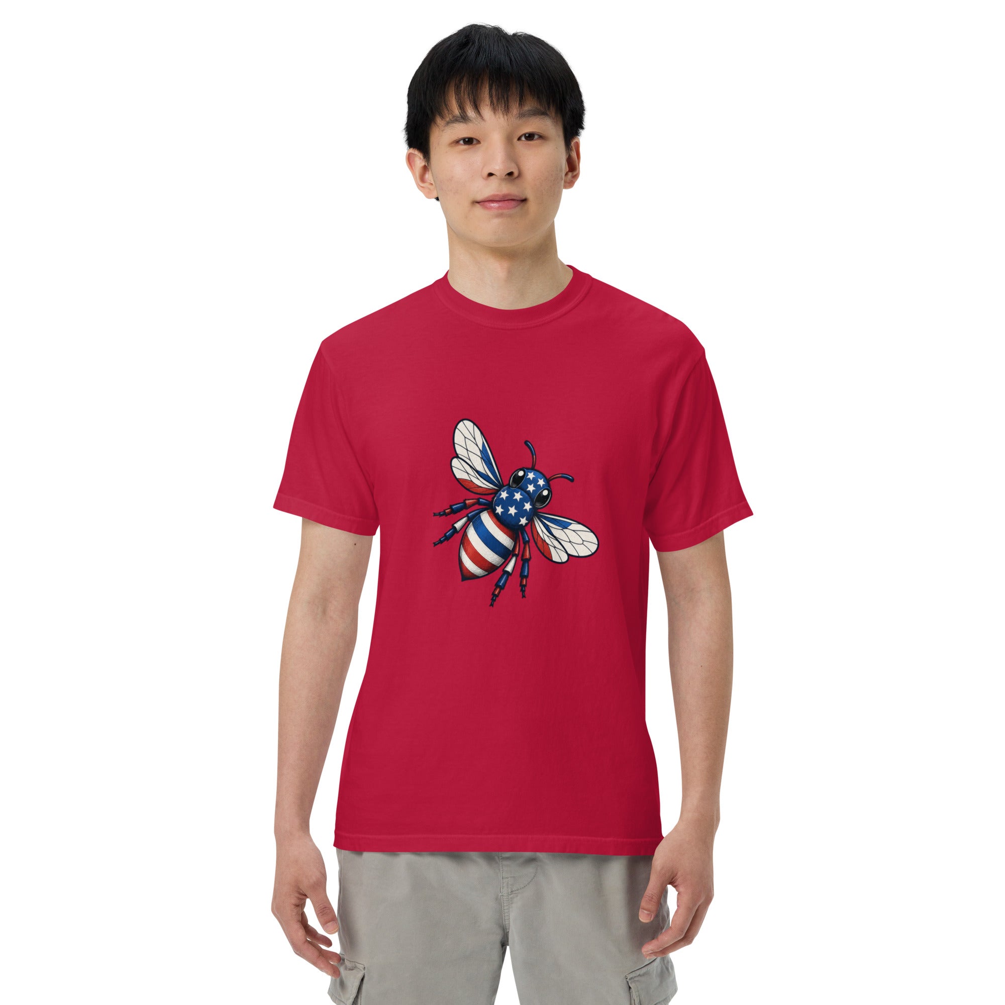 Unisex heavyweight T-shirt in red with bee graphic on chest