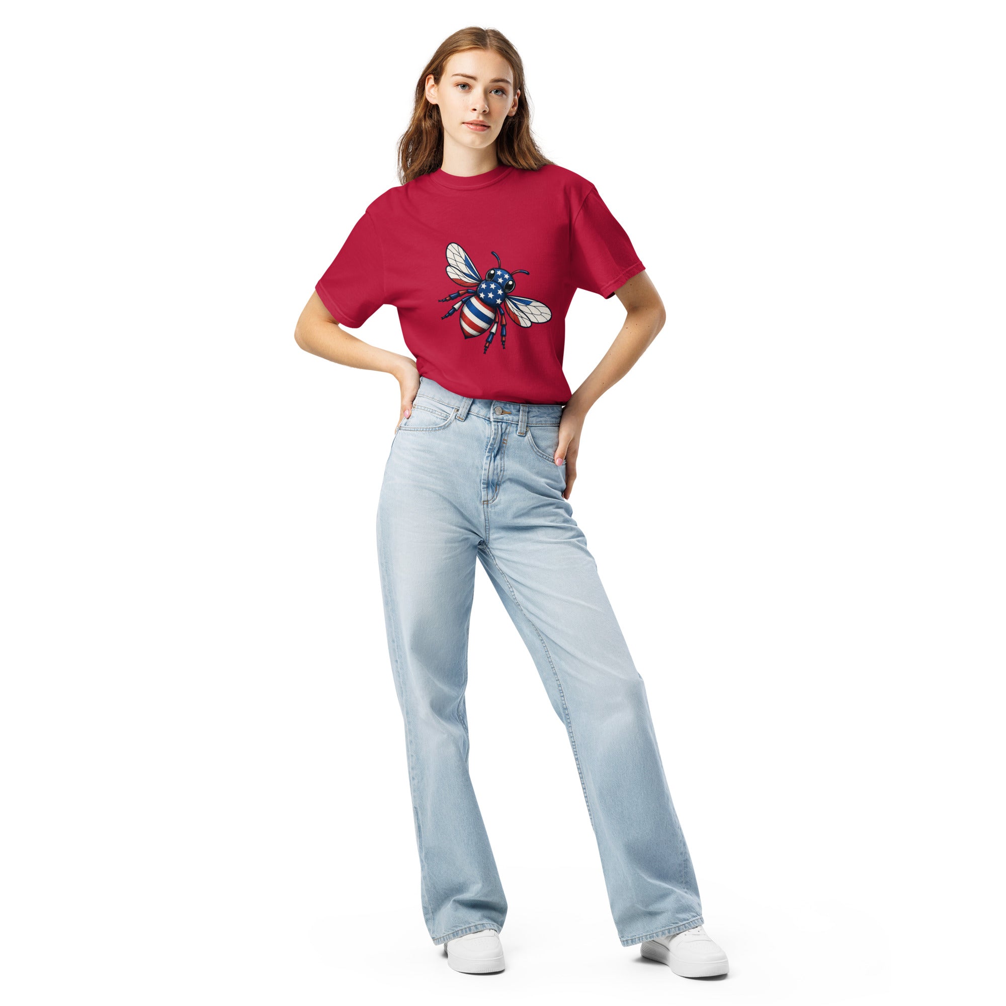 Red unisex heavyweight T-shirt with front bee graphic and crew neck