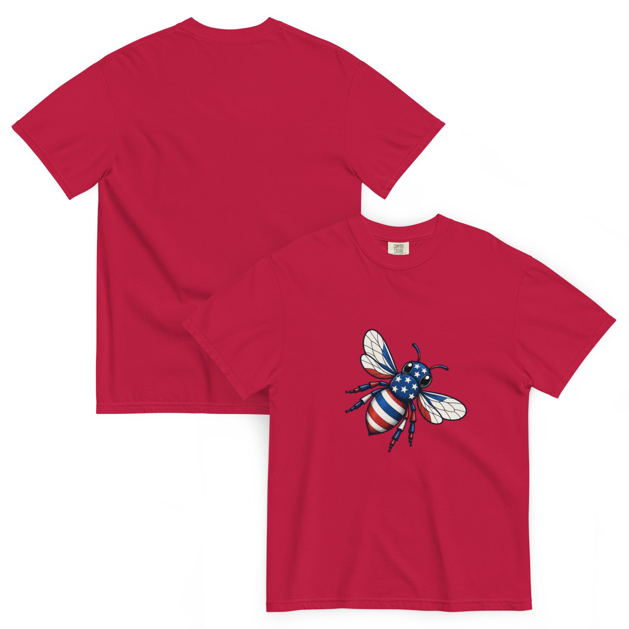 Unisex heavyweight T-shirt, red, crew neck, bee graphic on chest.