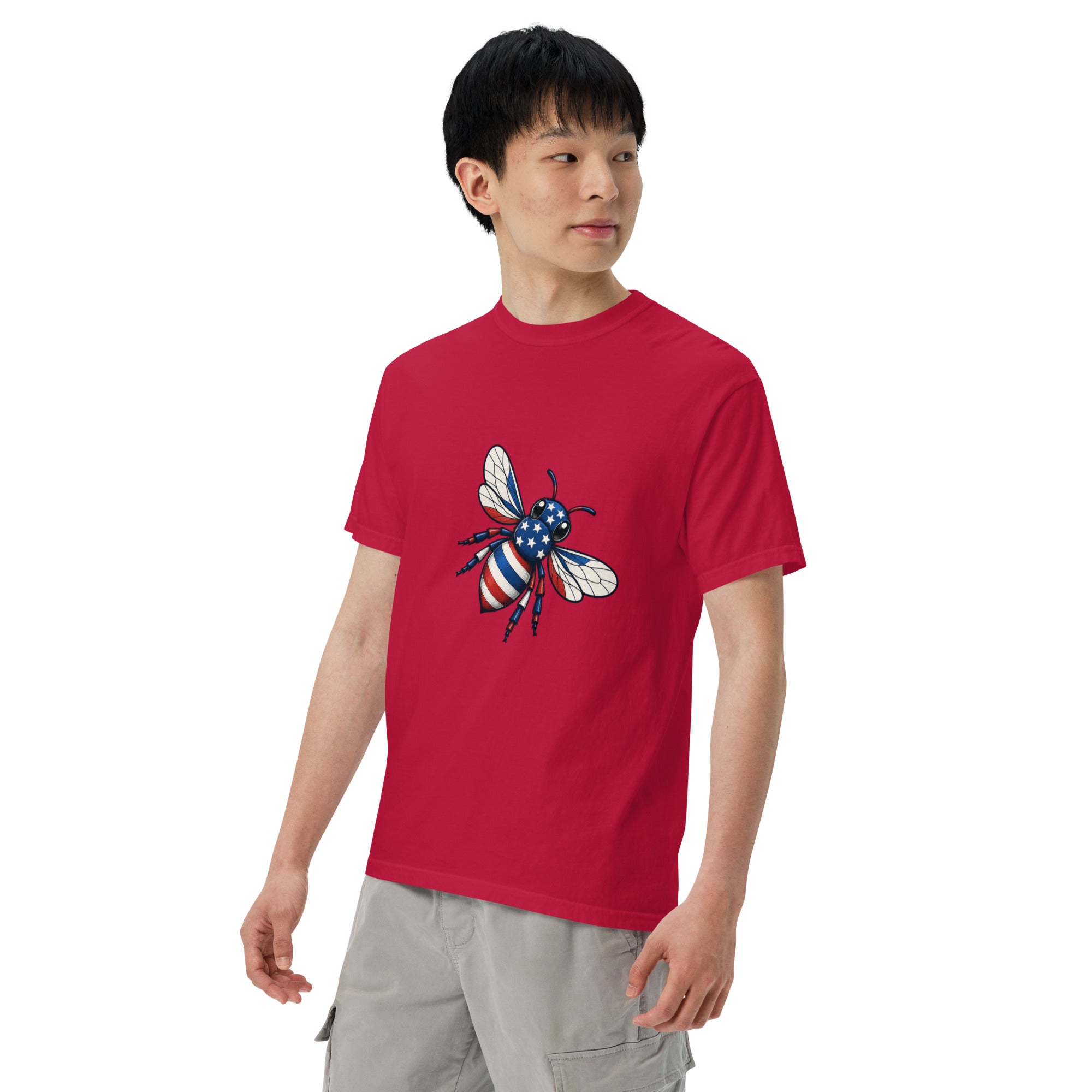Red heavyweight unisex crew-neck T-shirt with colorful bee graphic on chest.