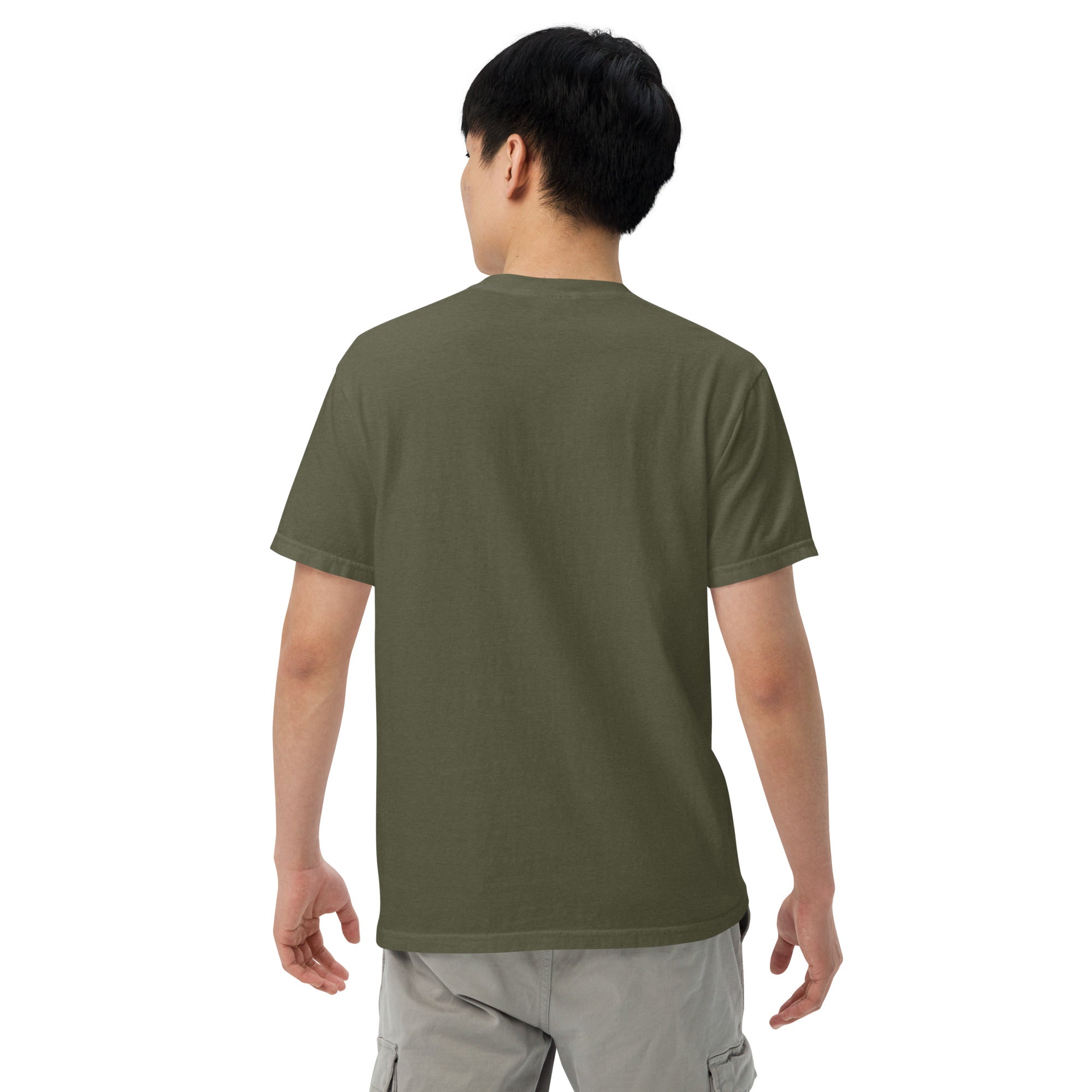 Unisex heavyweight T-shirt, olive green, short-sleeve crew neck, back view