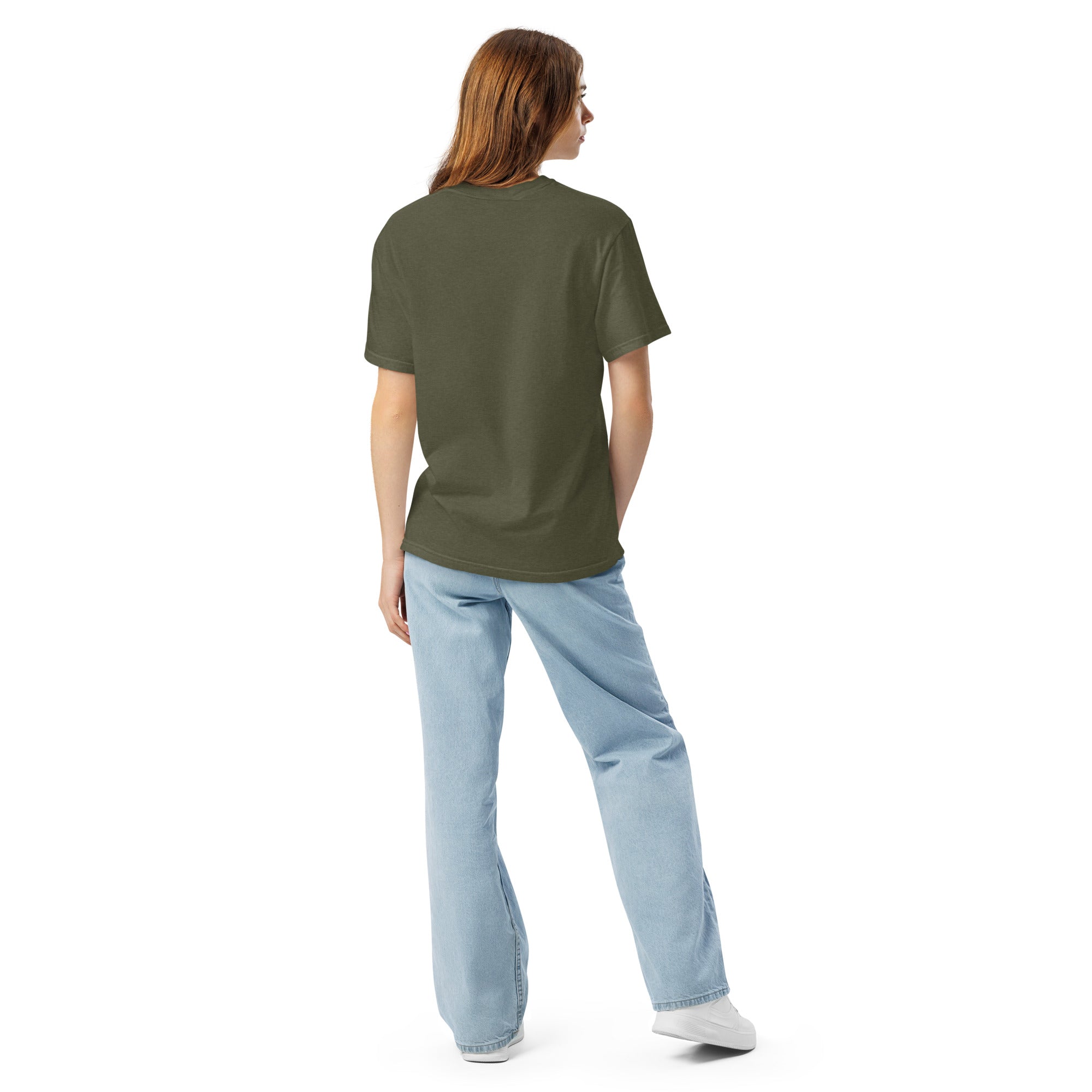 Heavyweight unisex T-shirt, olive green, back view