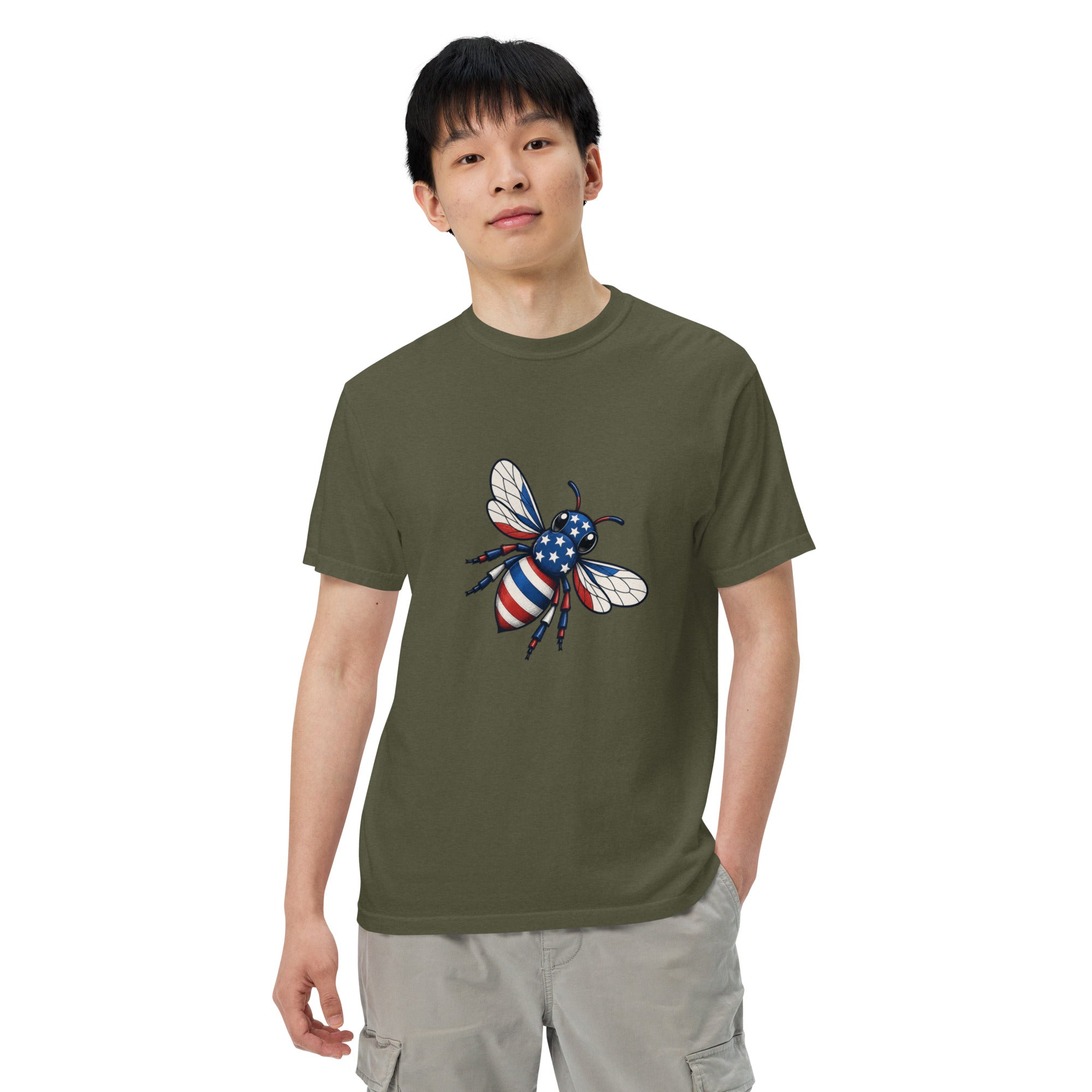 Moss green unisex heavyweight T-shirt with colorful bee graphic on chest
