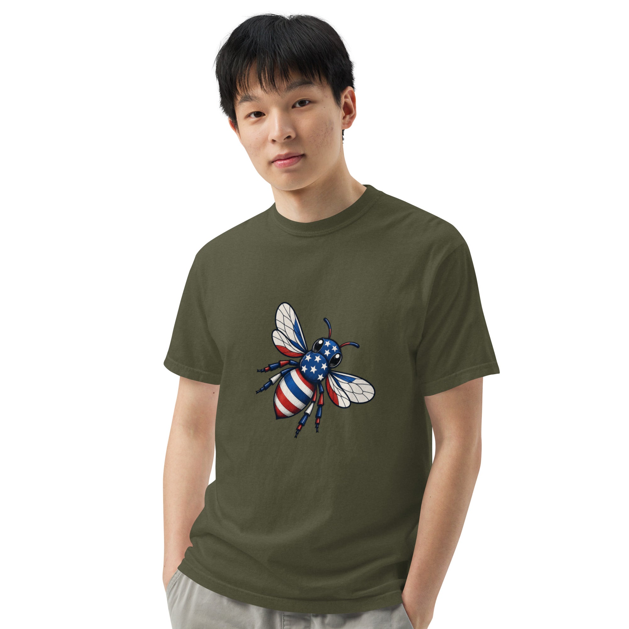 Unisex heavyweight t-shirt, moss green, chest graphic bee with striped wings