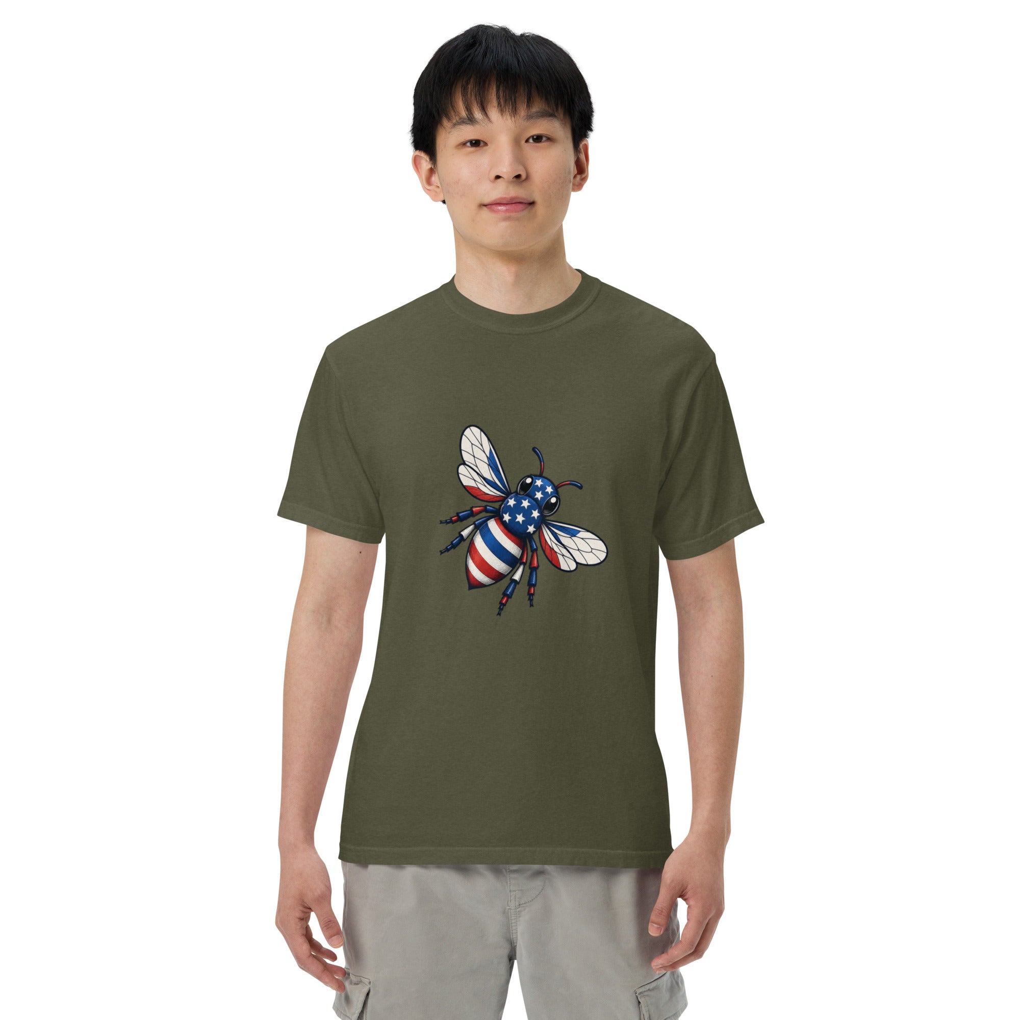 Unisex heavyweight T-shirt in moss green with bee graphic on chest