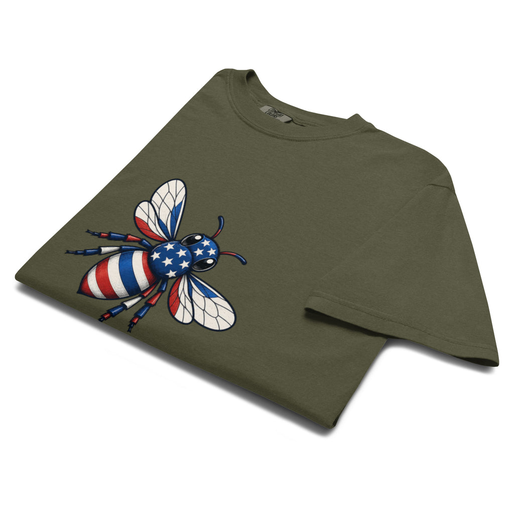Heavyweight unisex T-shirt in moss green with large American bee graphic on front
