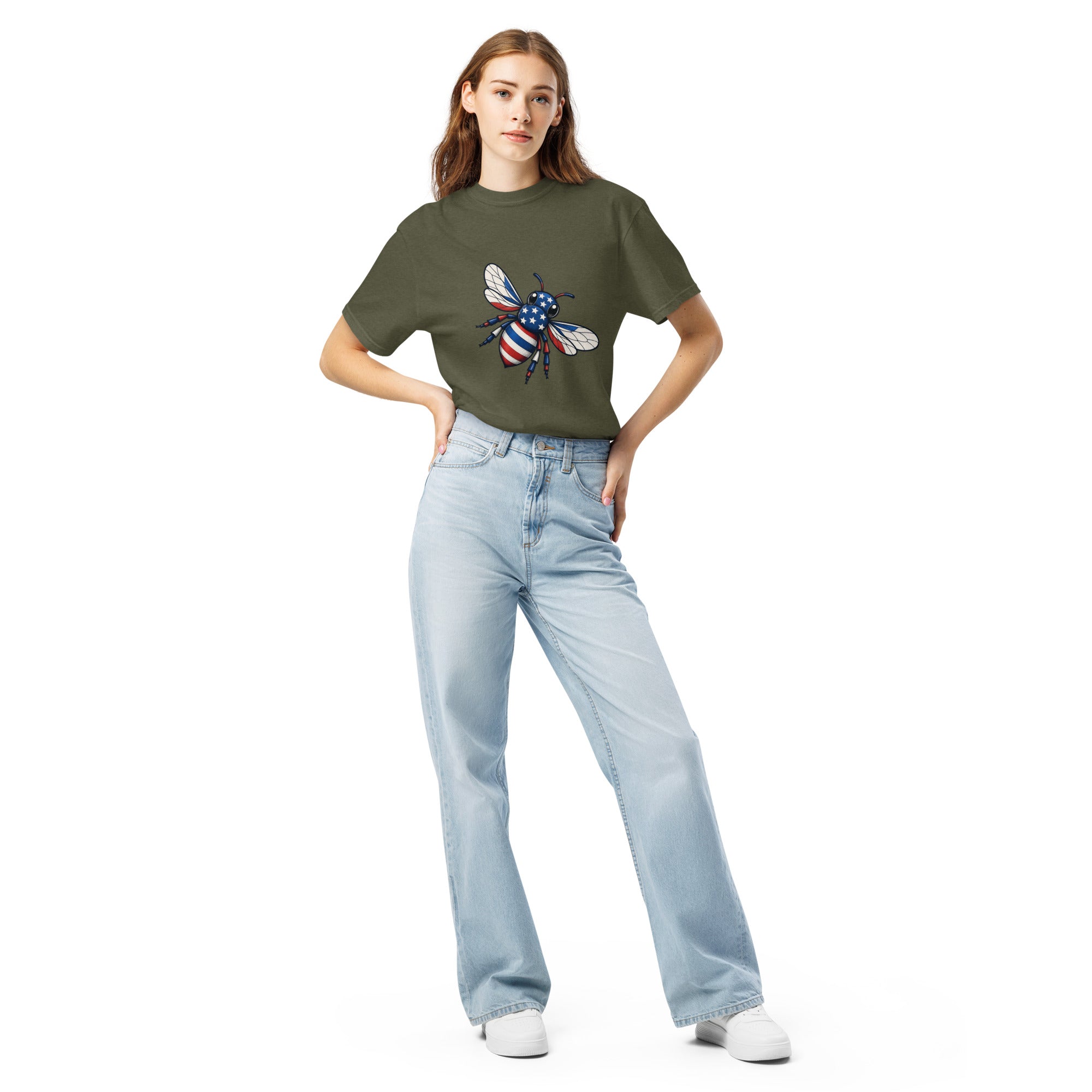 Unisex heavyweight t-shirt, olive green, with colorful bee chest graphic