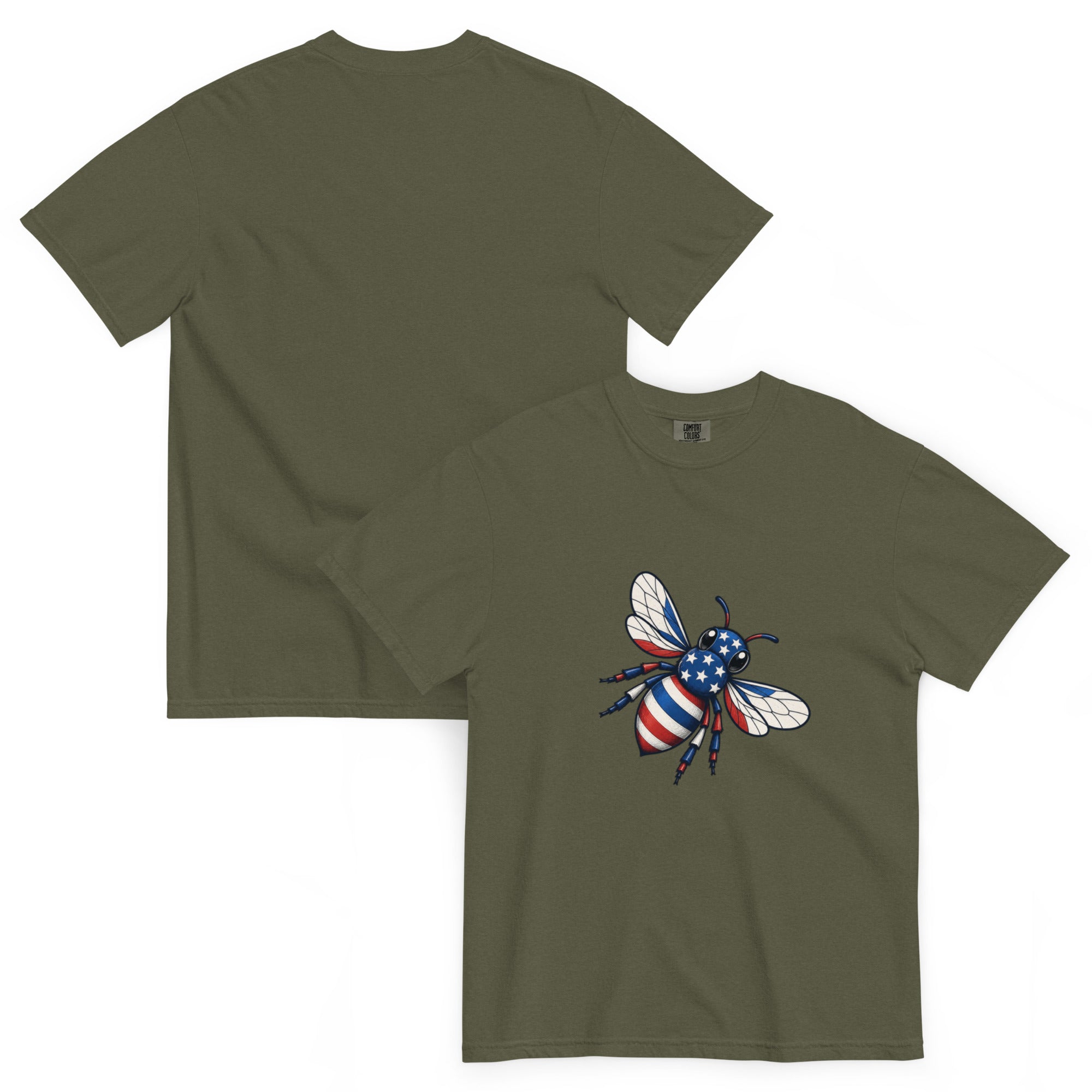 Unisex heavyweight T-shirt, sage green, crew neck, bee graphic on chest.