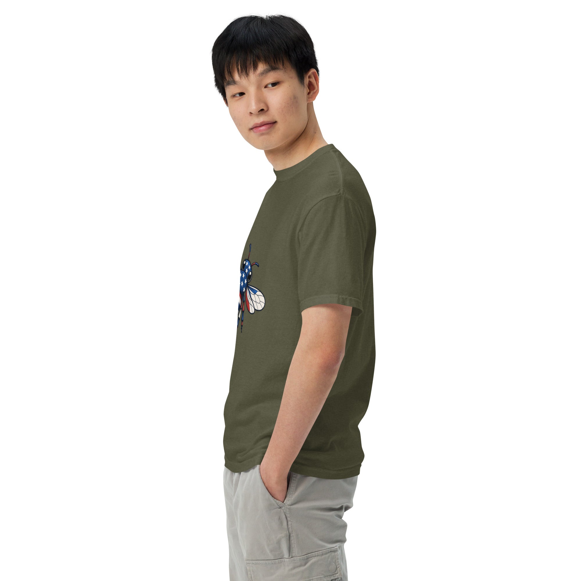 Unisex heavyweight t-shirt in moss green with chest graphic print