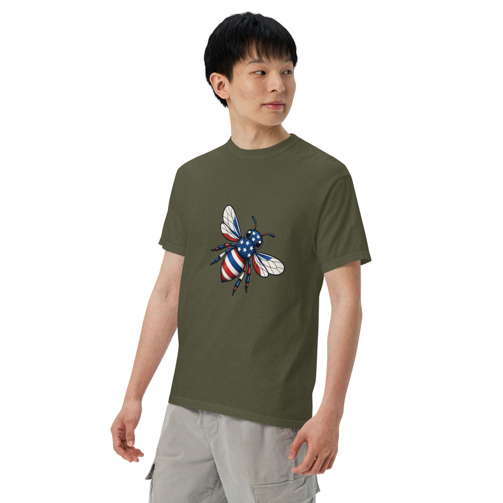 Olive green heavyweight unisex crew-neck T-shirt with colorful bee graphic on chest.