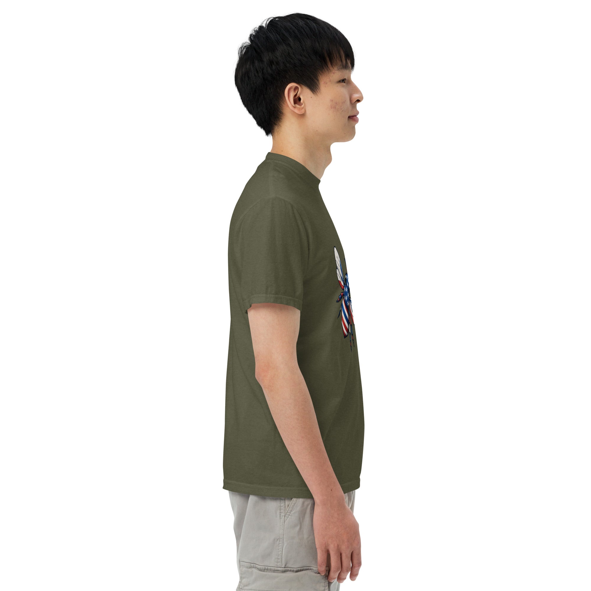 Unisex heavyweight T-shirt, olive green side view with crew neck and short sleeves