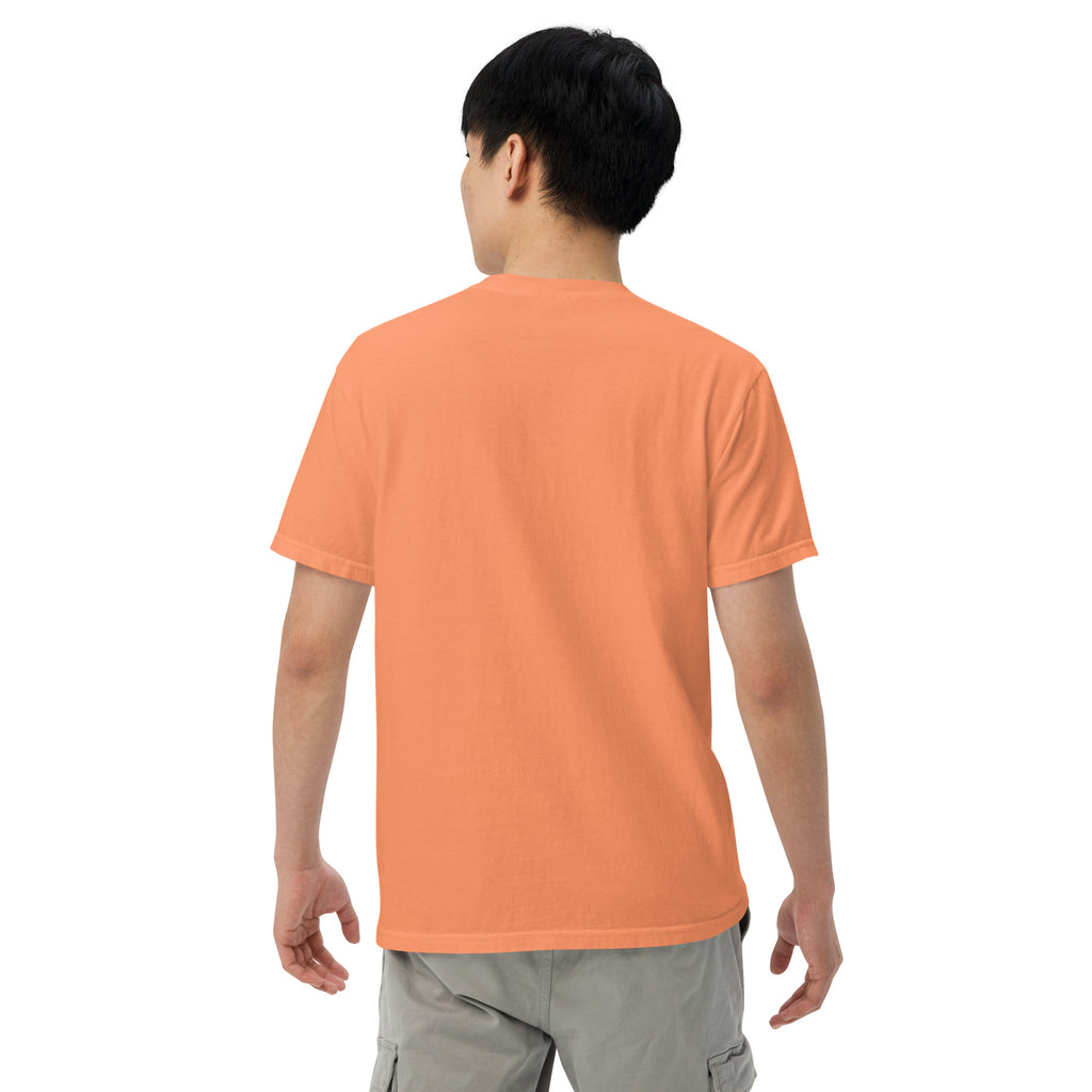 Unisex heavyweight T-shirt, orange, short-sleeve crew neck, back view
