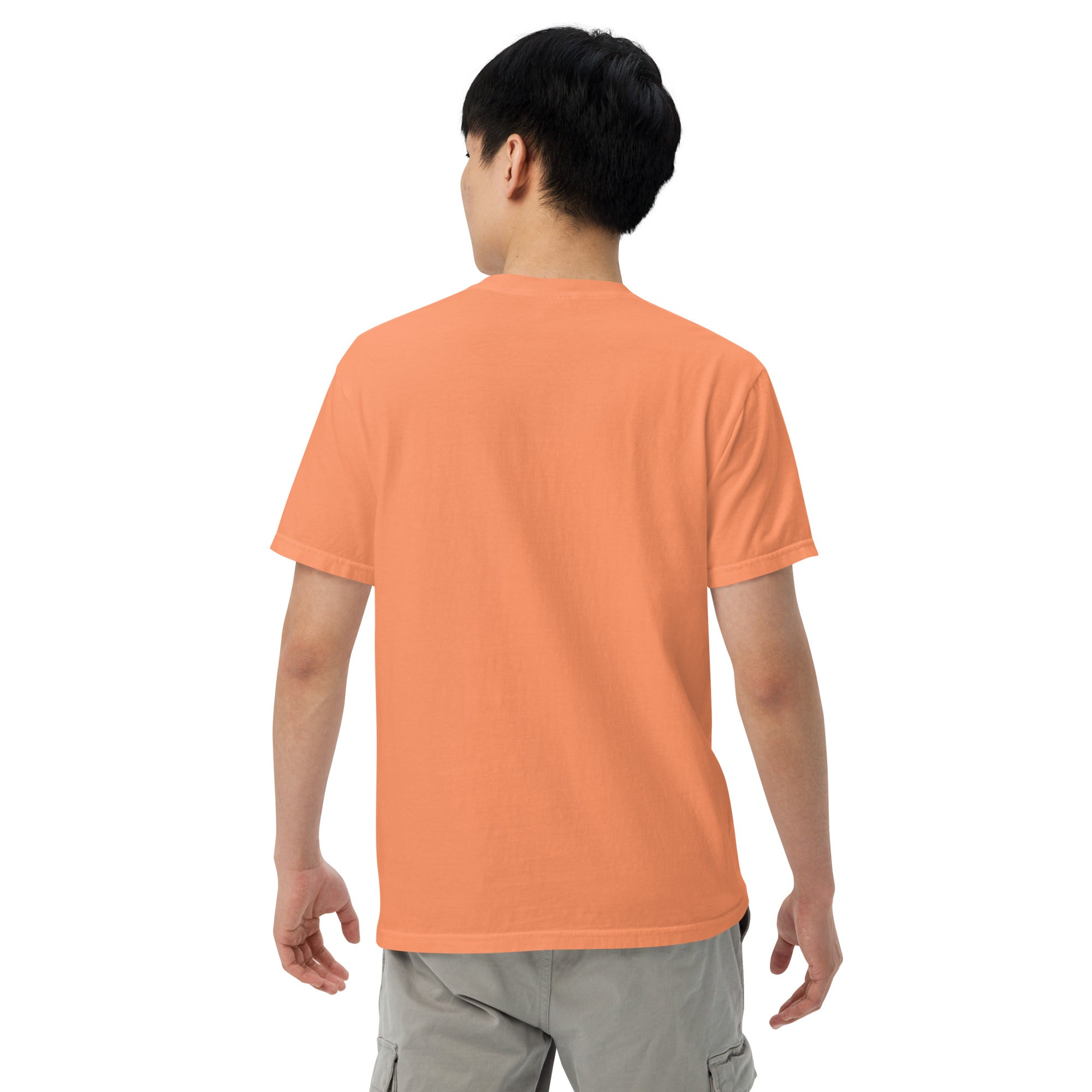 Unisex heavyweight T-shirt, orange, short-sleeve crew neck, back view
