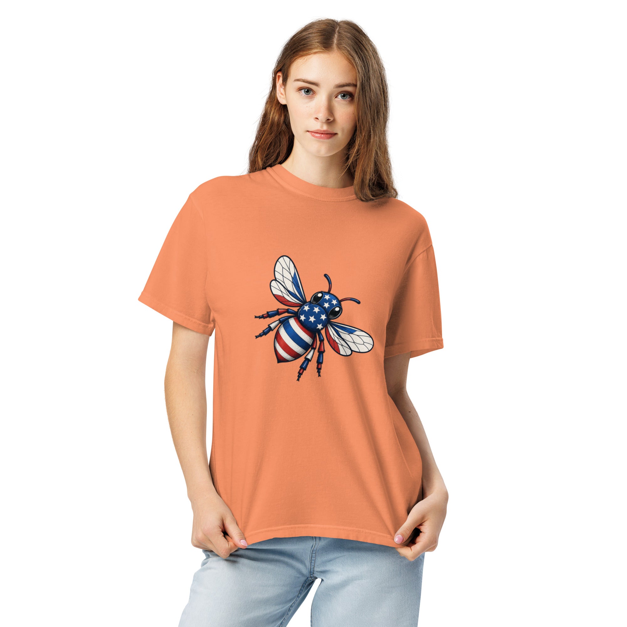 Terracotta orange unisex heavy T-shirt with crew neck and bee graphic on chest