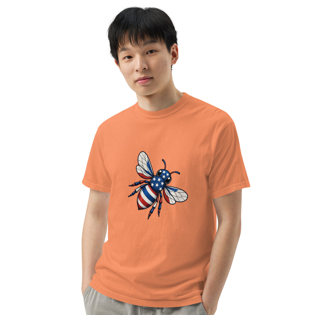 Orange heavyweight unisex crew-neck T-shirt with colorful bee graphic on chest.