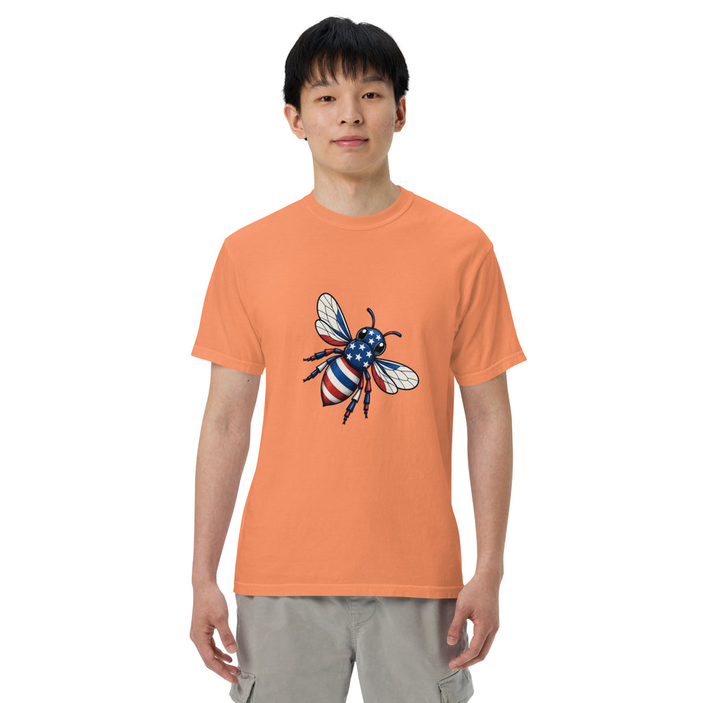 Heavyweight unisex T-shirt, orange with front graphic of a blue-and-white bee and stars