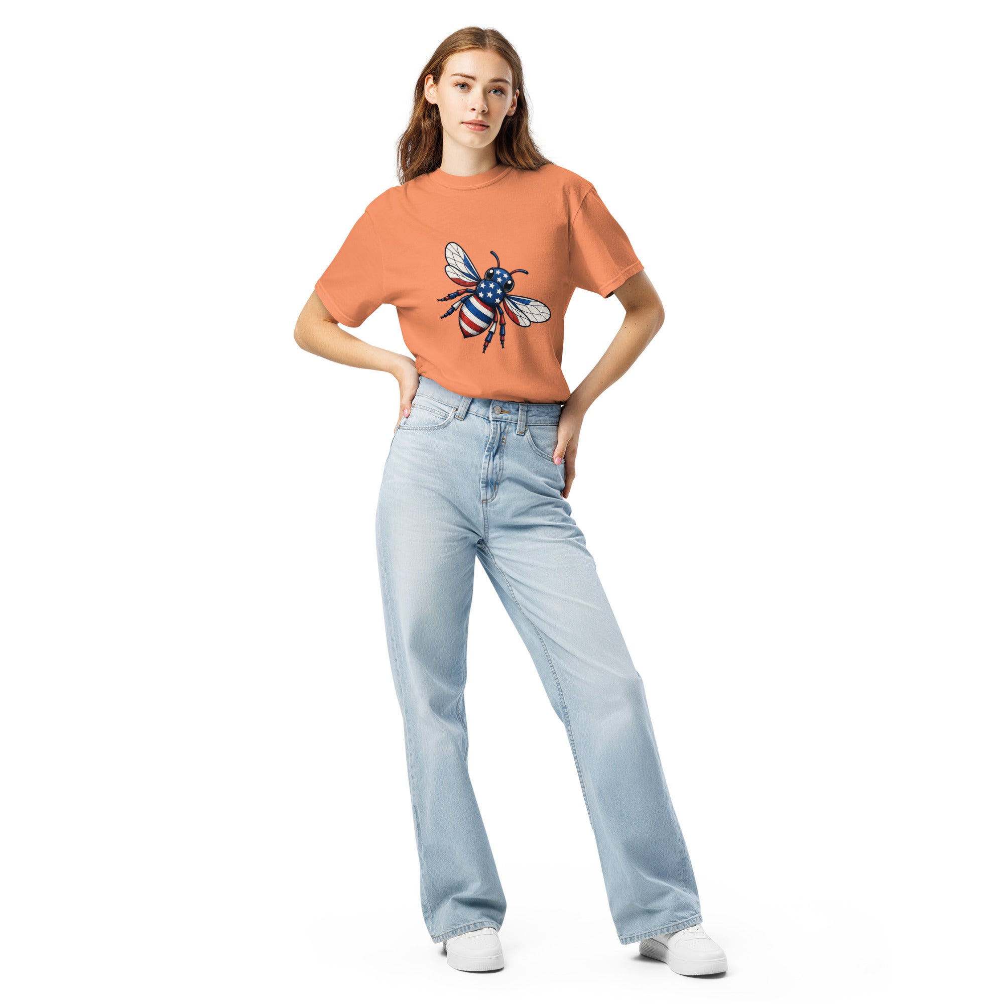 Unisex heavyweight t-shirt, terracotta, with colorful bee chest graphic