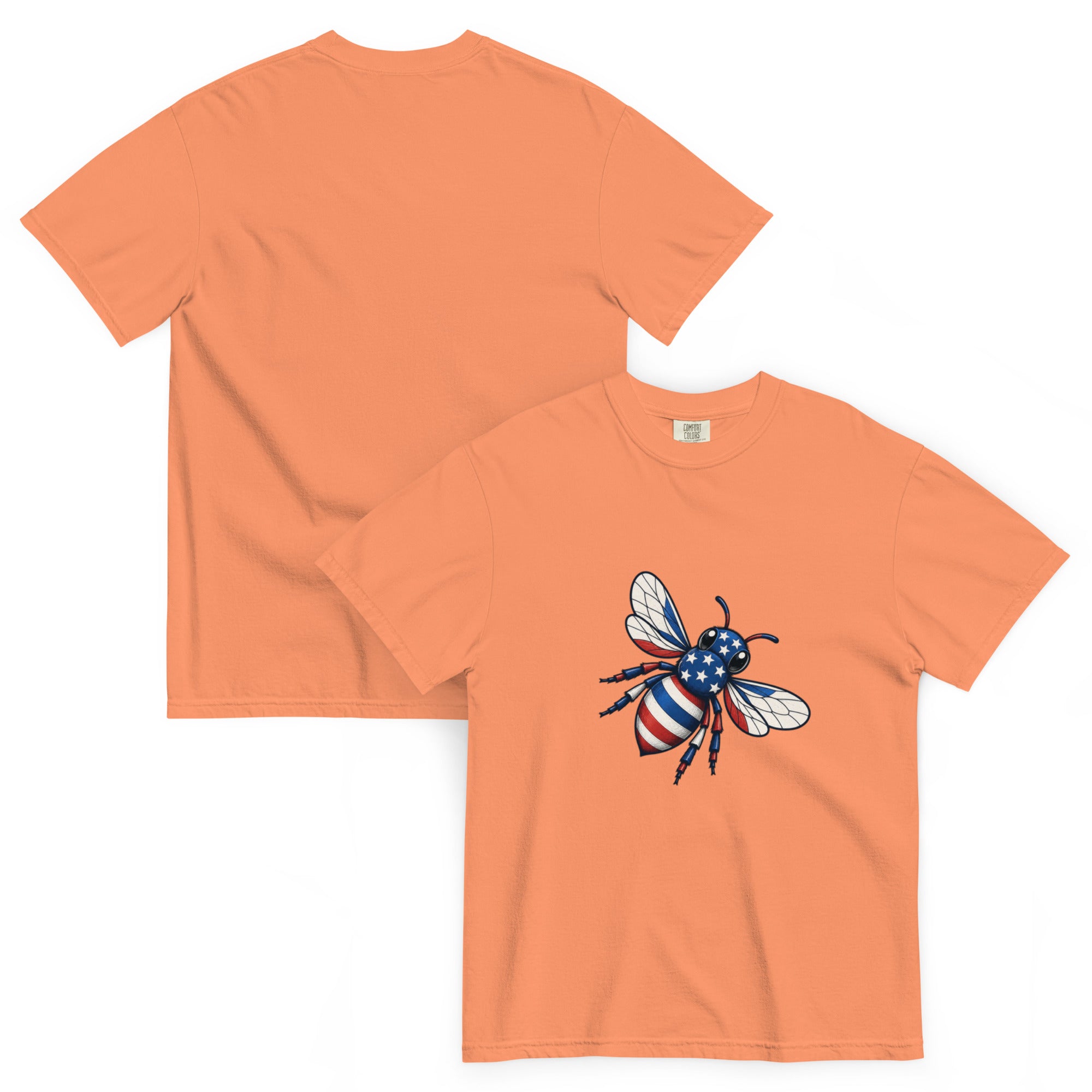 Unisex heavyweight T-shirt, terracotta orange, crew neck, bee graphic on chest.