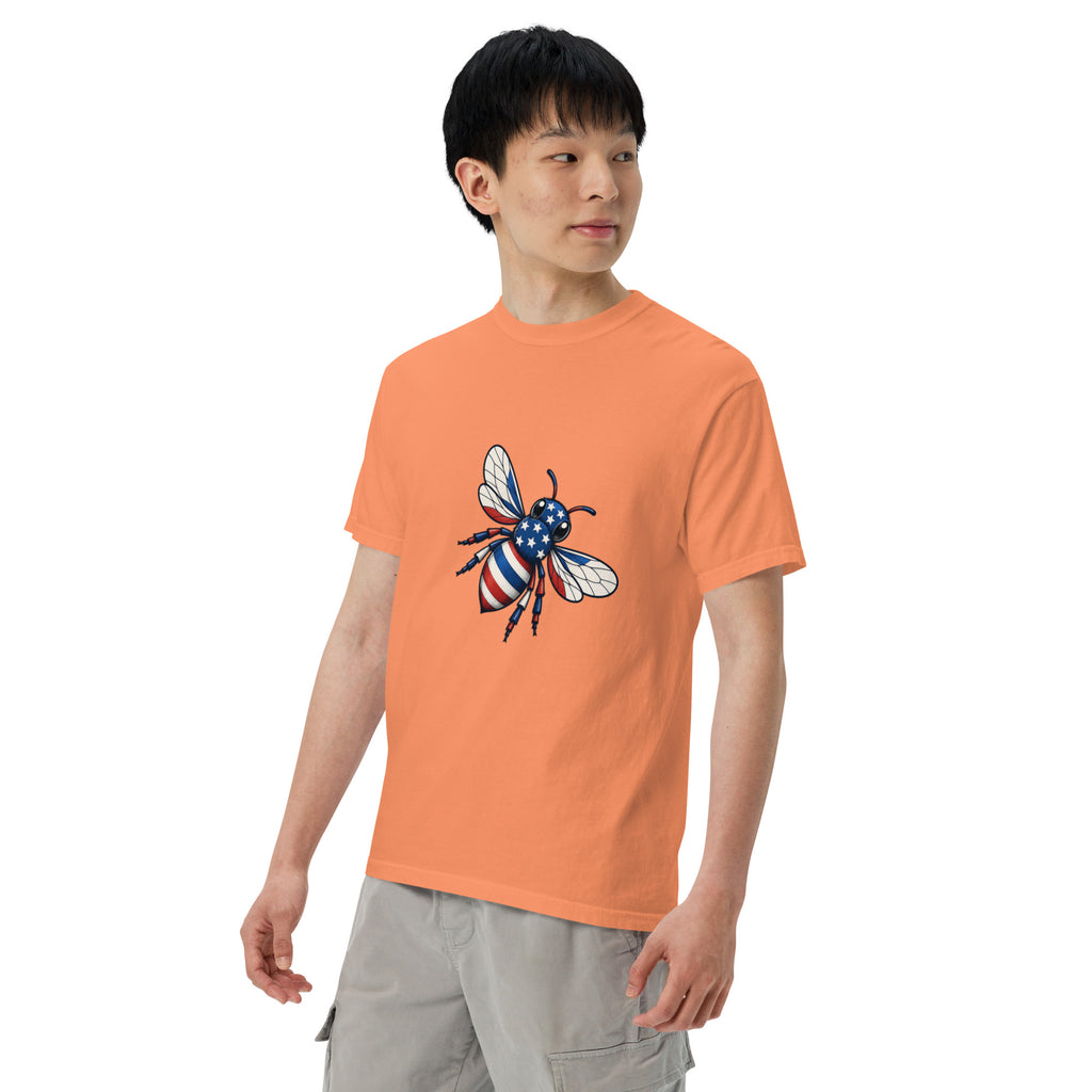 Orange unisex heavyweight T-shirt with front bee graphic and crew neck