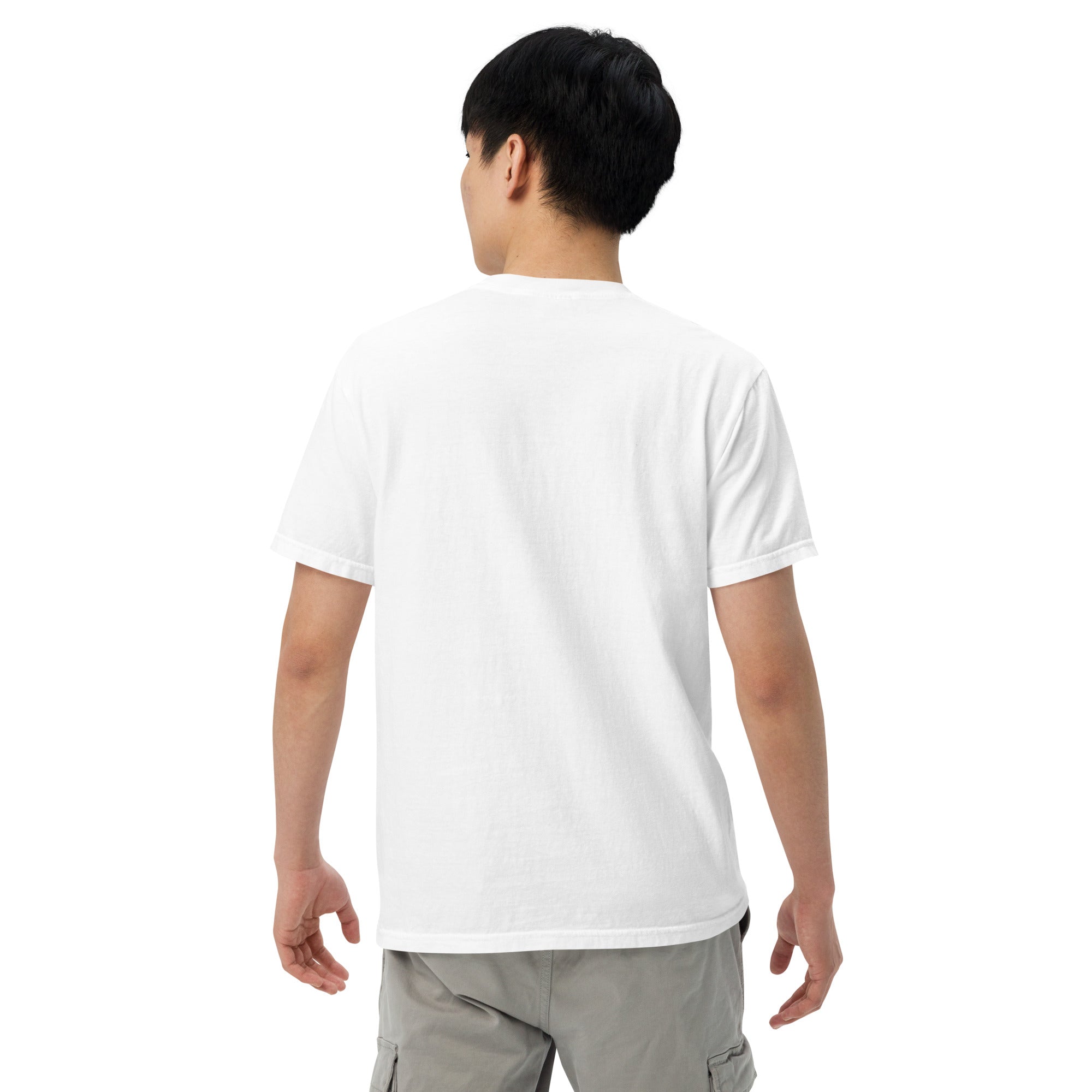 Unisex heavyweight T-shirt, white back view with crew neck and short sleeves
