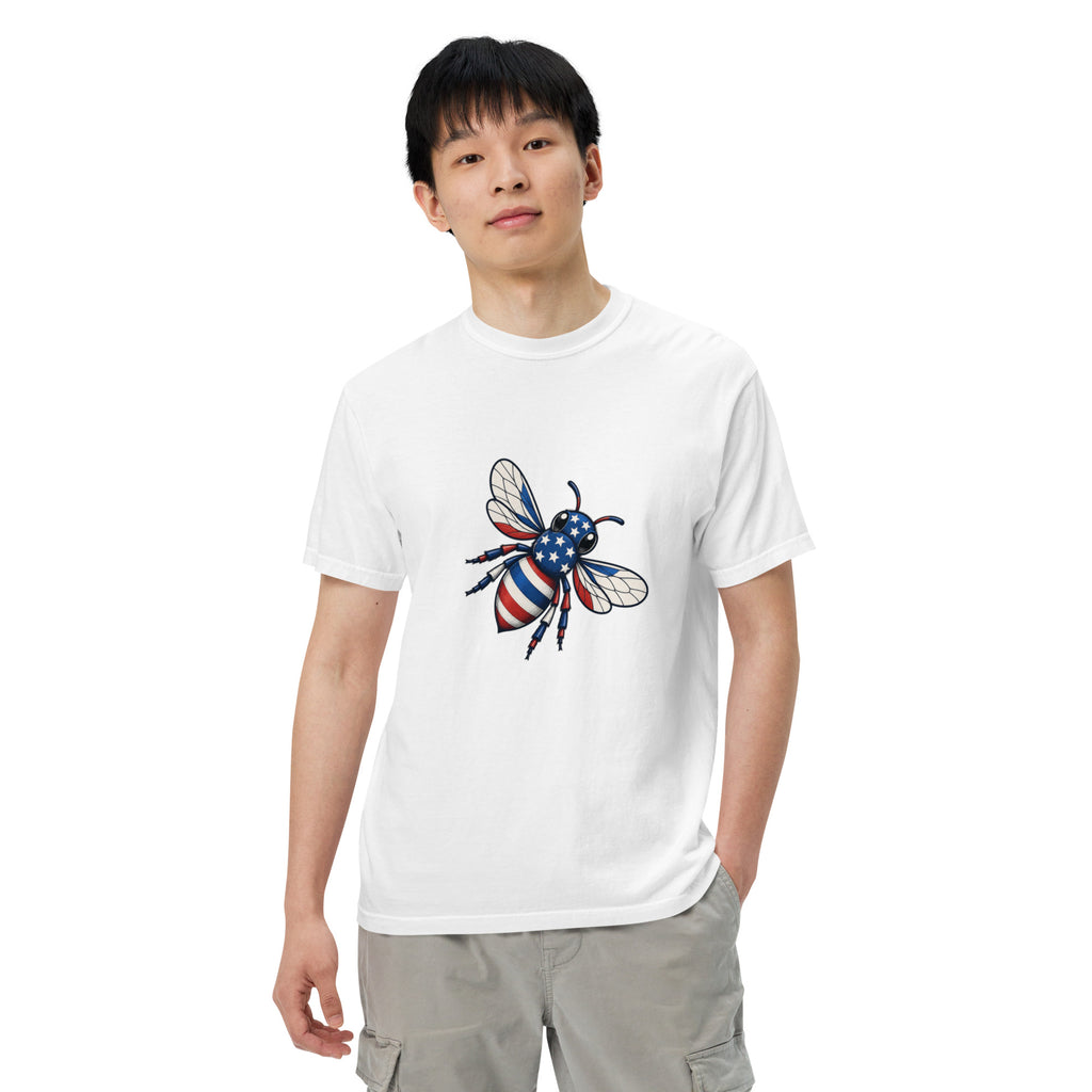 Unisex heavyweight t-shirt, white, chest graphic bee with striped wings
