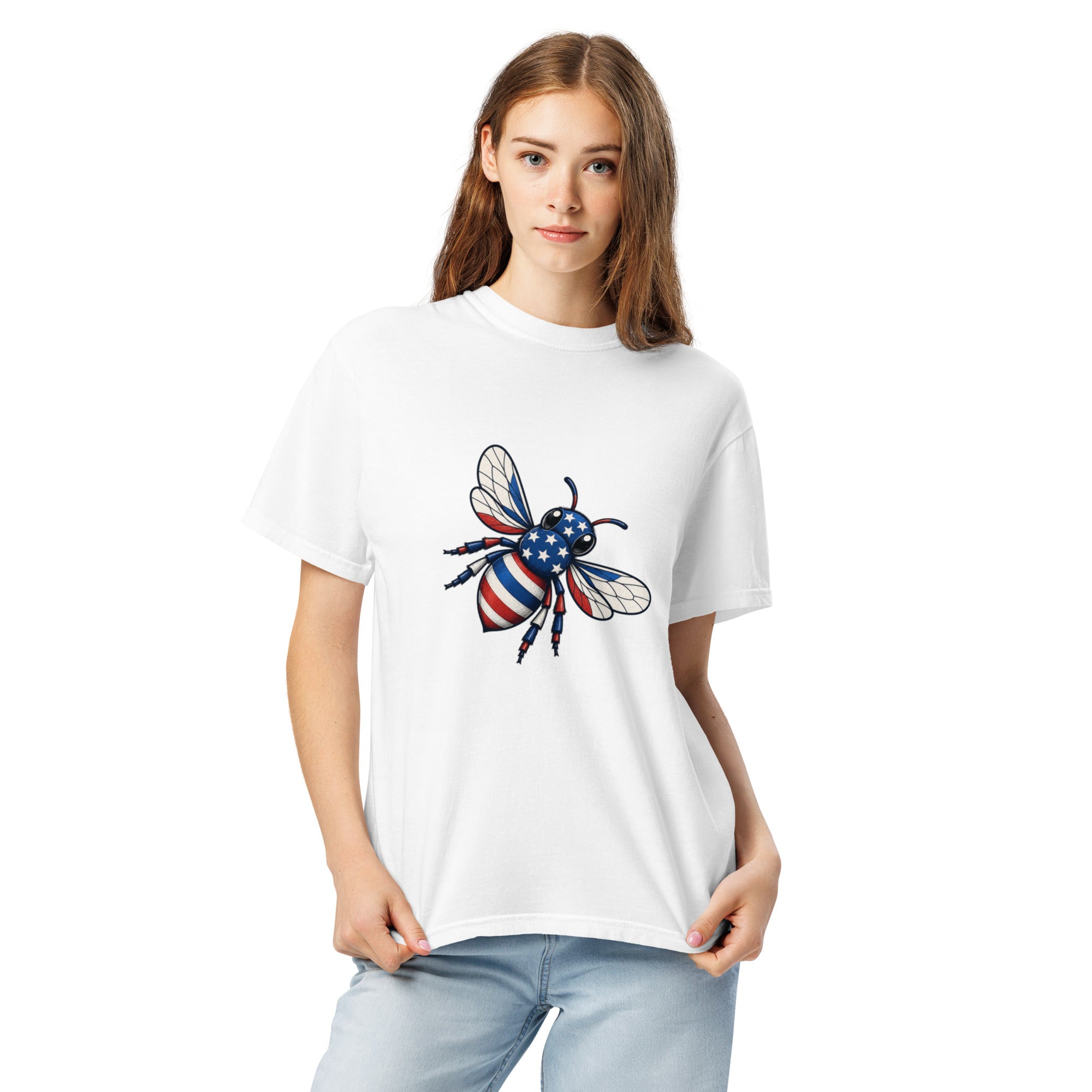White unisex heavy T-shirt with crew neck and bee graphic on chest