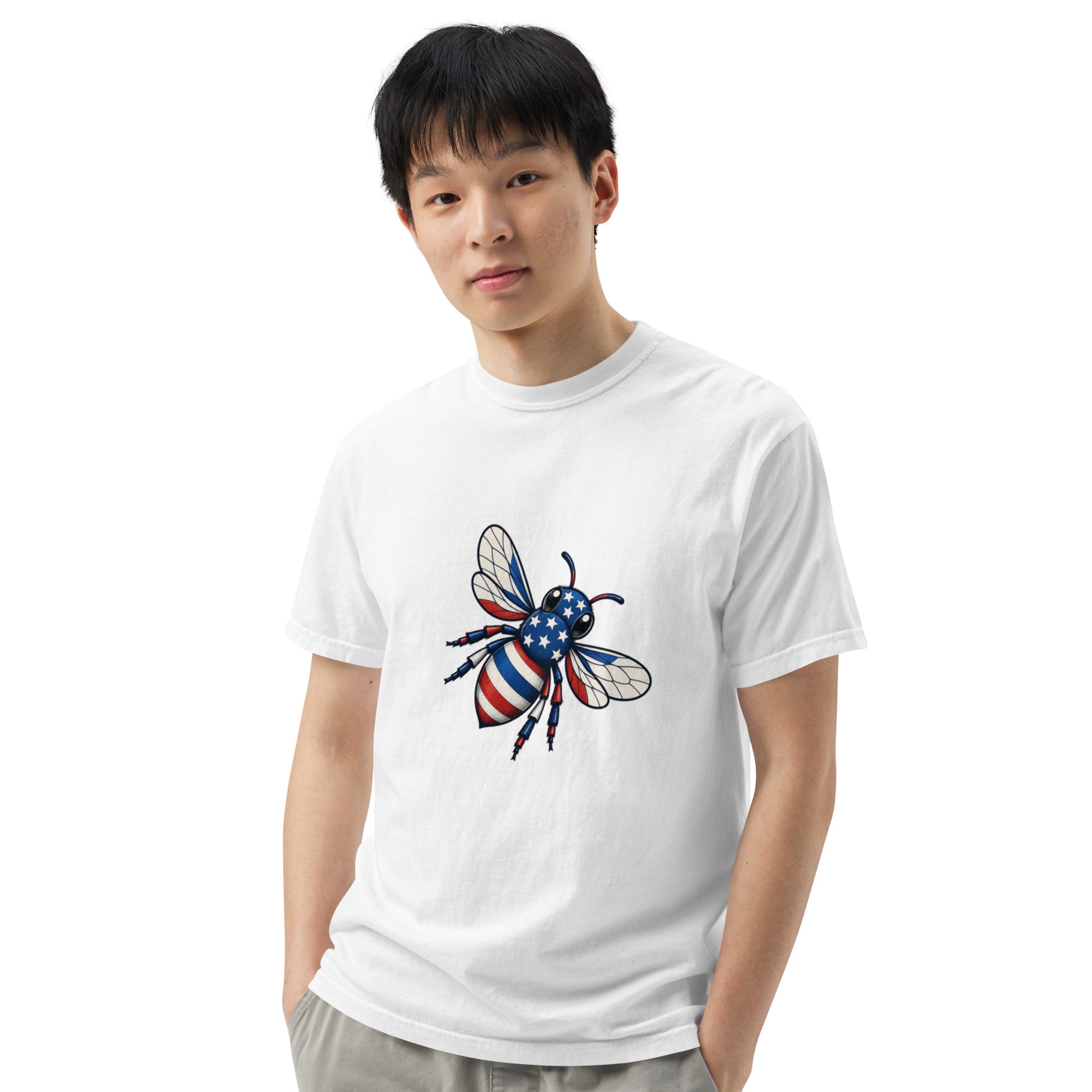 White heavyweight unisex crew-neck T-shirt with colorful bee graphic on chest.