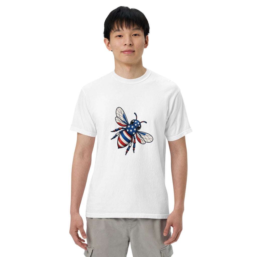 Heavyweight unisex T-shirt, white with front graphic of a blue-and-white bee and stars