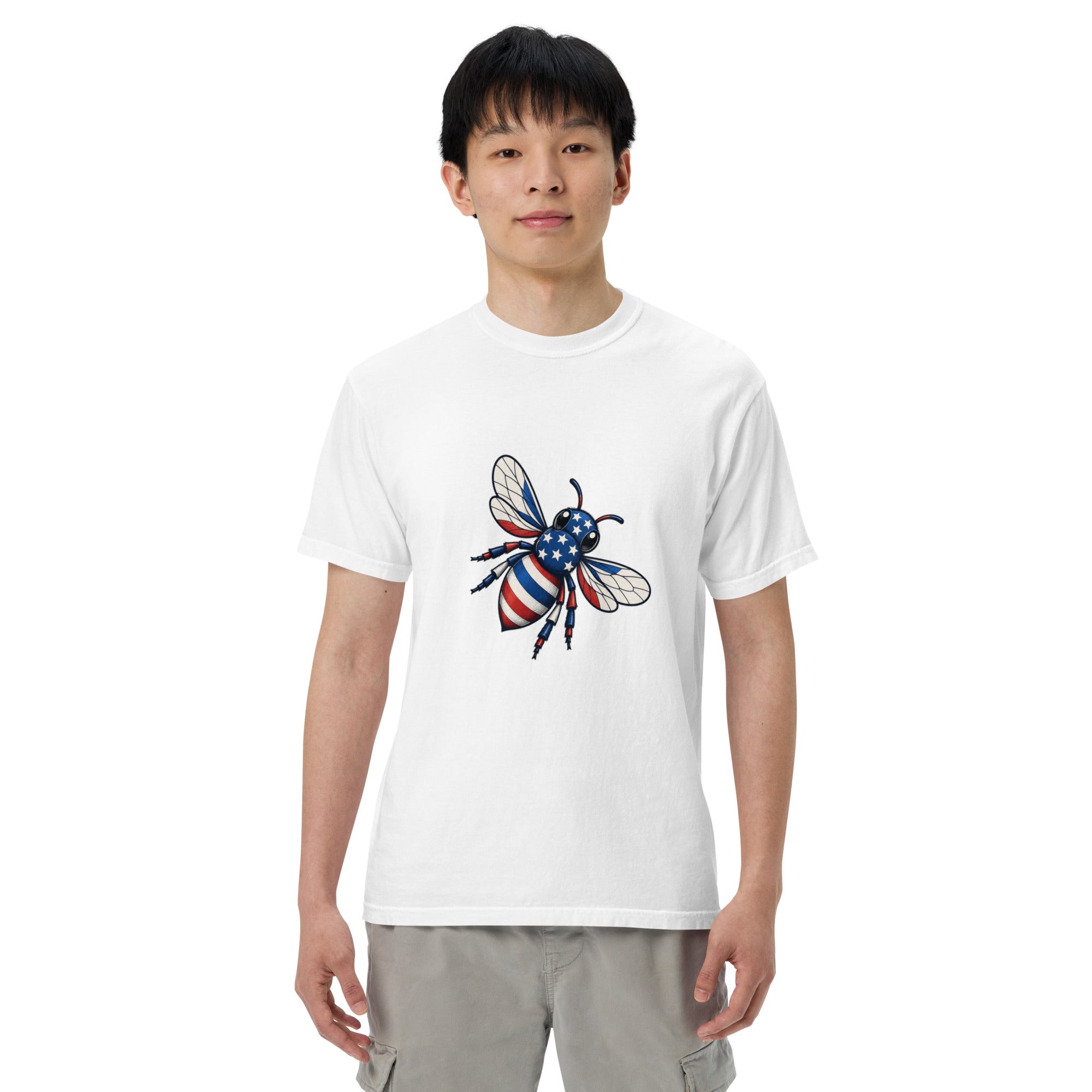 Heavyweight unisex T-shirt, white with front graphic of a blue-and-white bee and stars