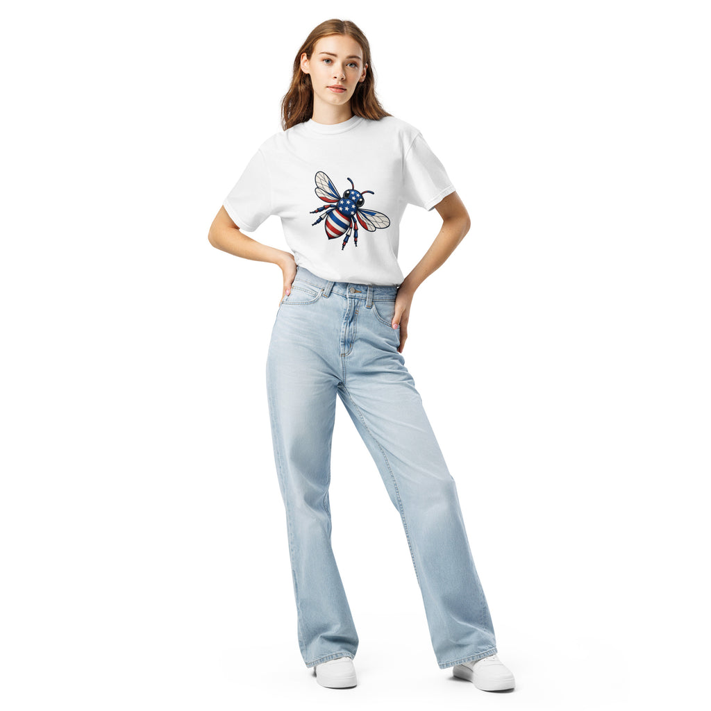 Unisex heavyweight t-shirt, white, with colorful bee chest graphic