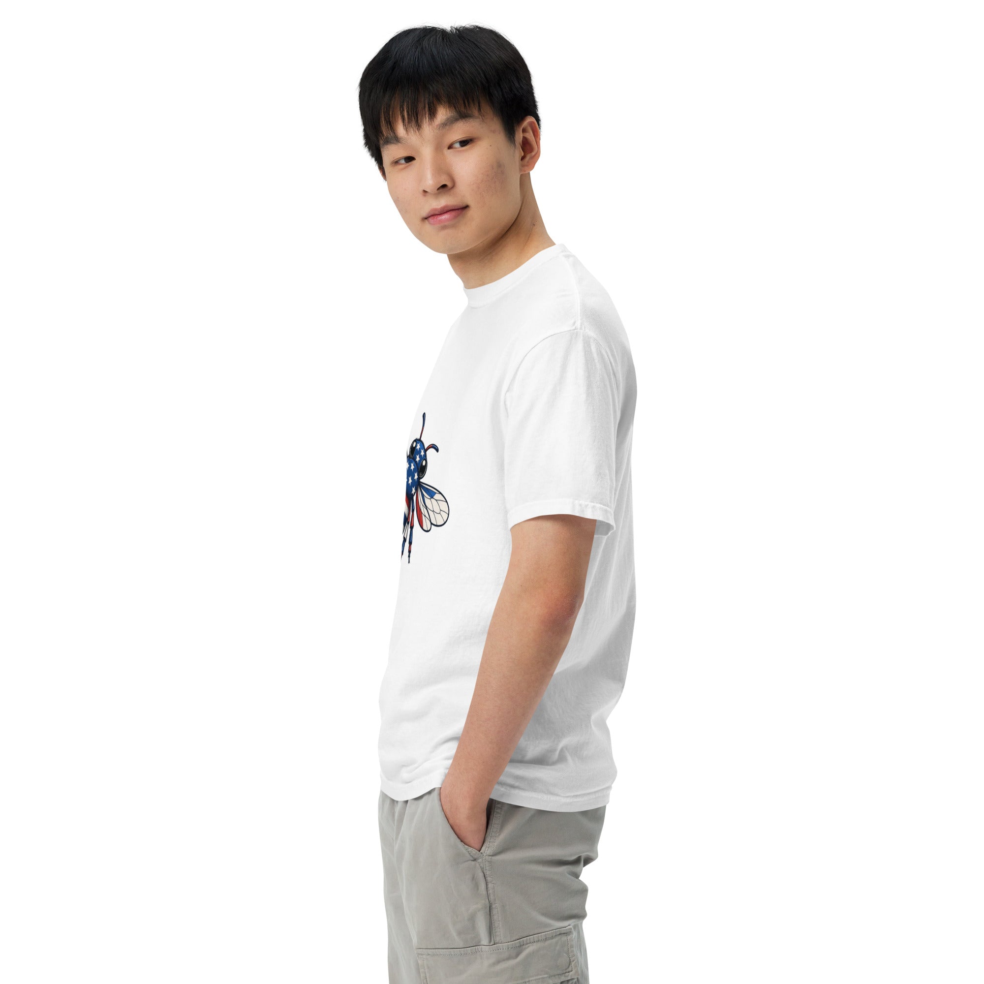 White unisex heavyweight T-shirt with colorful bee graphic on chest
